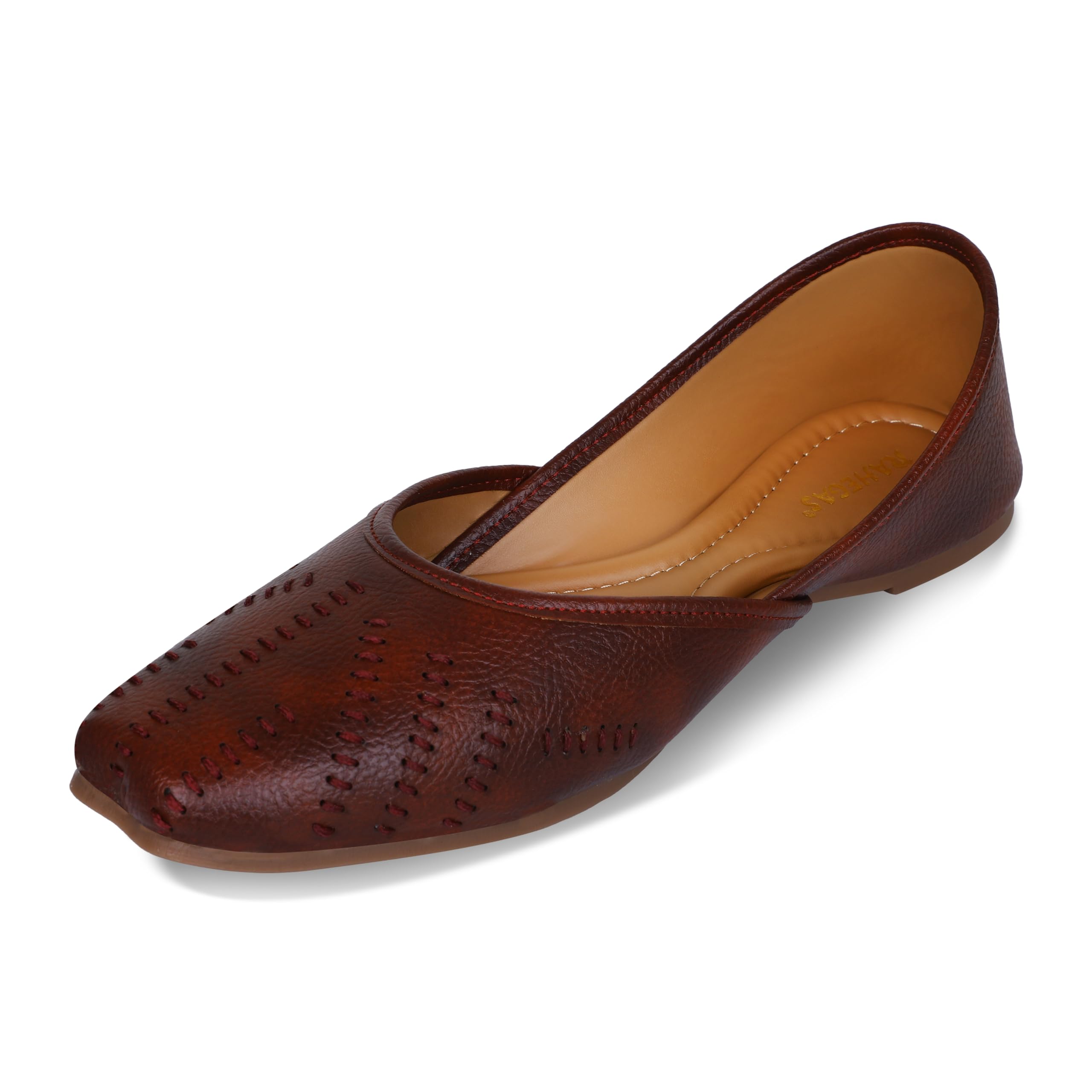 RAHEGAS Women’s Traditional Punjabi Jutti with Hand Stitched Detailing & Soft Comfort Insole | Synthetic Leather Ethnic Flats with TPR Sole | Cherry & Brown