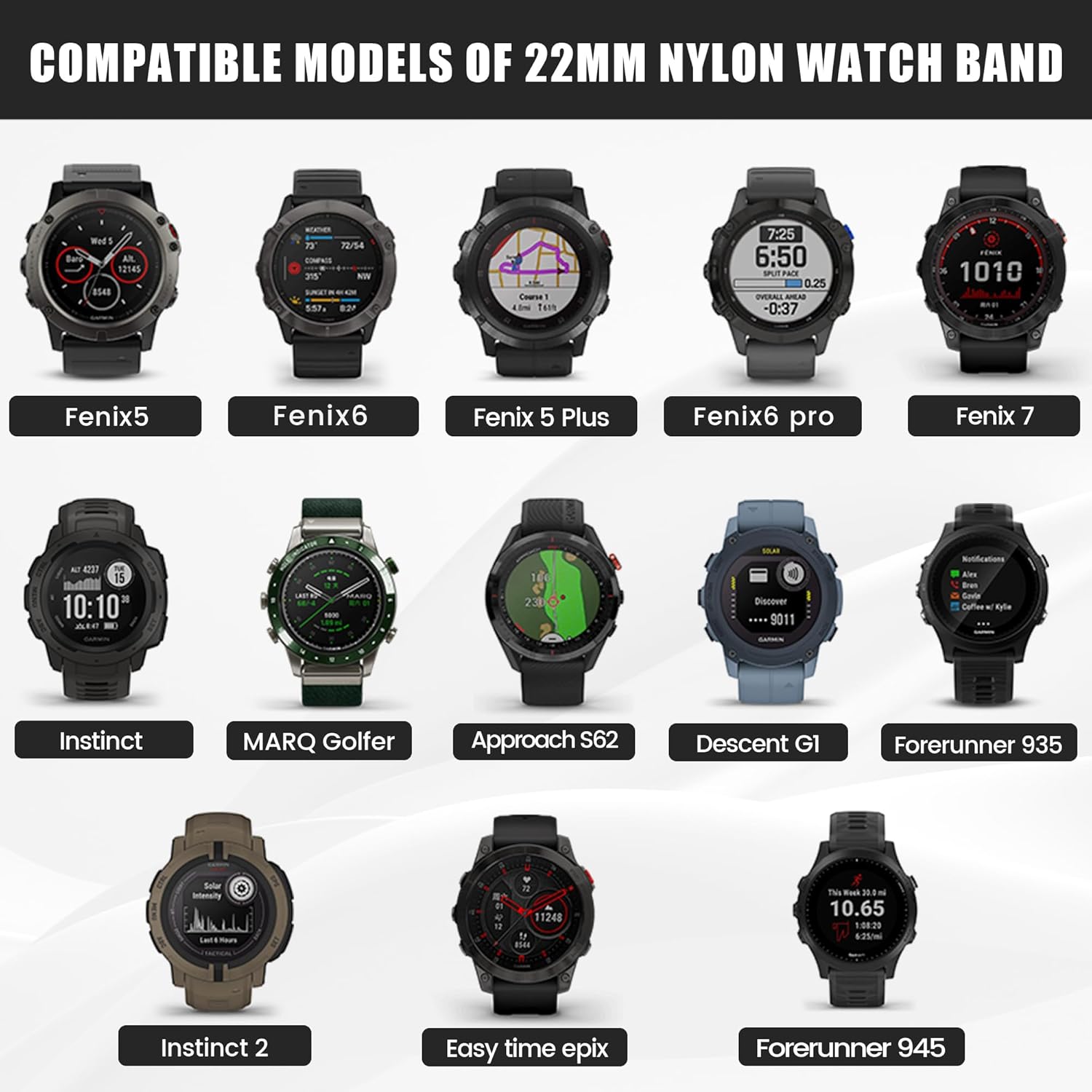 ANCOOL for Garmin Fenix 7/Fenix 6/Fenix 5 Band 22mm Quickfit Nylon Watch Bands Replacement for Fenix 7 Pro/Fenix 6 Pro/Fenix 5 Plus/Forerunner 935/945/955/Instinct 2(Black/Grey) - Image 6