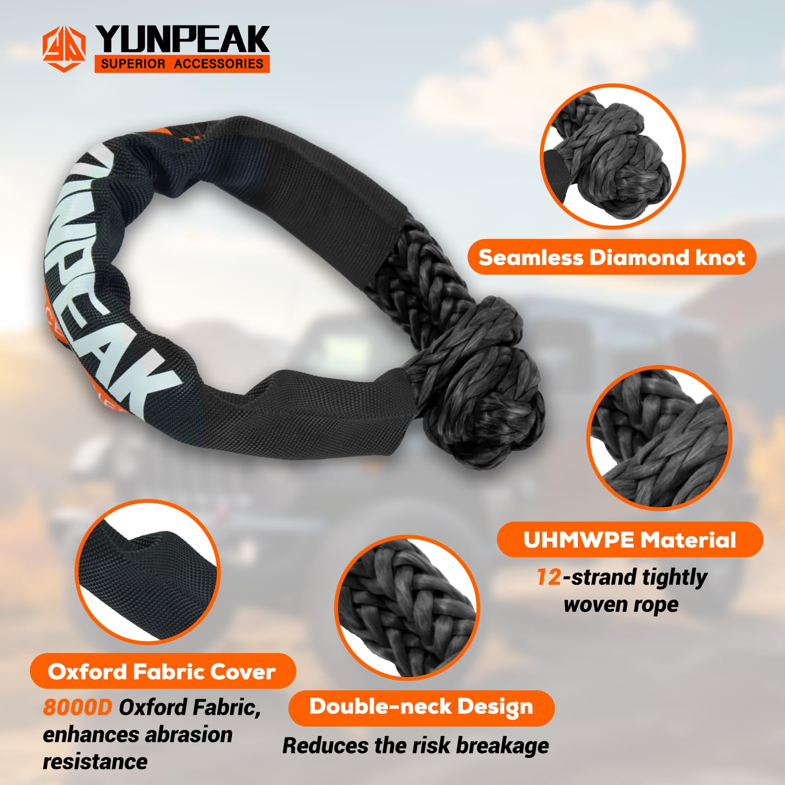 Kinetisches Abschleppseil (25,4 kg), Robustes Offroad-Wiederherstellungsseil mit 2 weichen UHMWPE-Schäkeln (25,4 kg), Abschleppseil-Set für LKW, SUV, UTV, ATV, Traktor, Auto, Jeep, Schwarz,