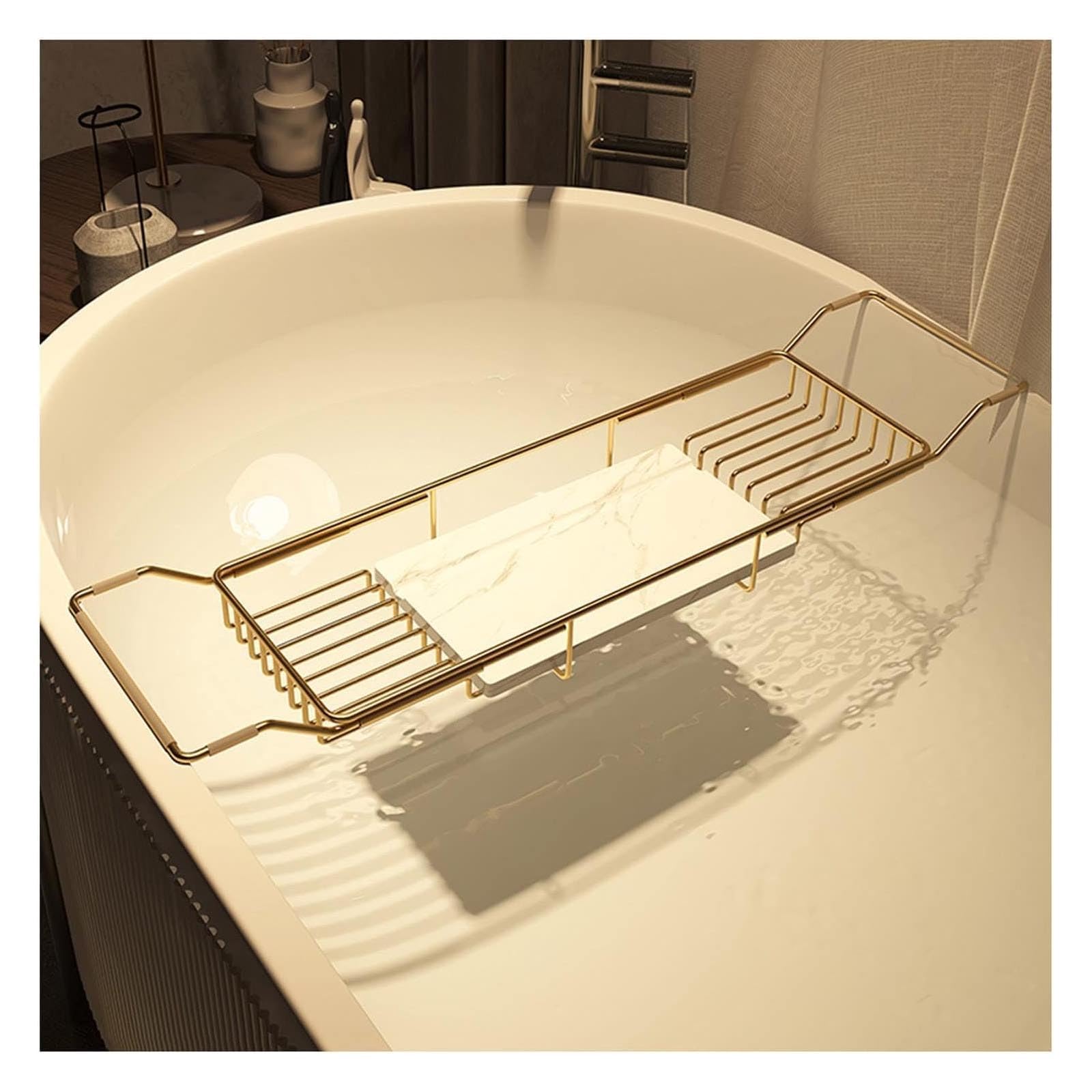 JKJZSALJ Metal Marble Bathtub Rack, Bathtub Caddy Tray Stainless Steel Shower Caddy Tray With Extending Sides, Bathroom Trays, For Hotel Spa Shower Stall-Gold-B,Gold-B
