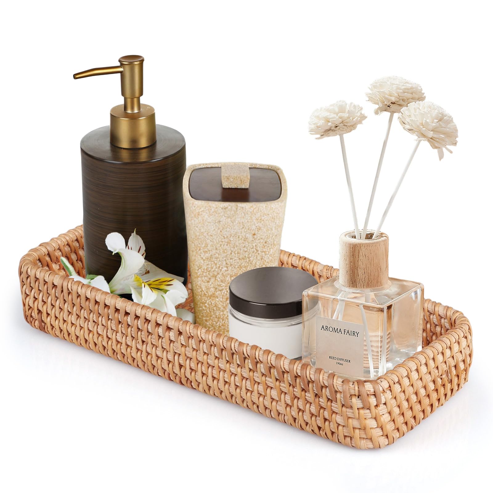 Vassoio da portata in rattan, per il bagno, rettangolare, in tessuto naturale, decorativo, 28 x 11,5 x 4 cm