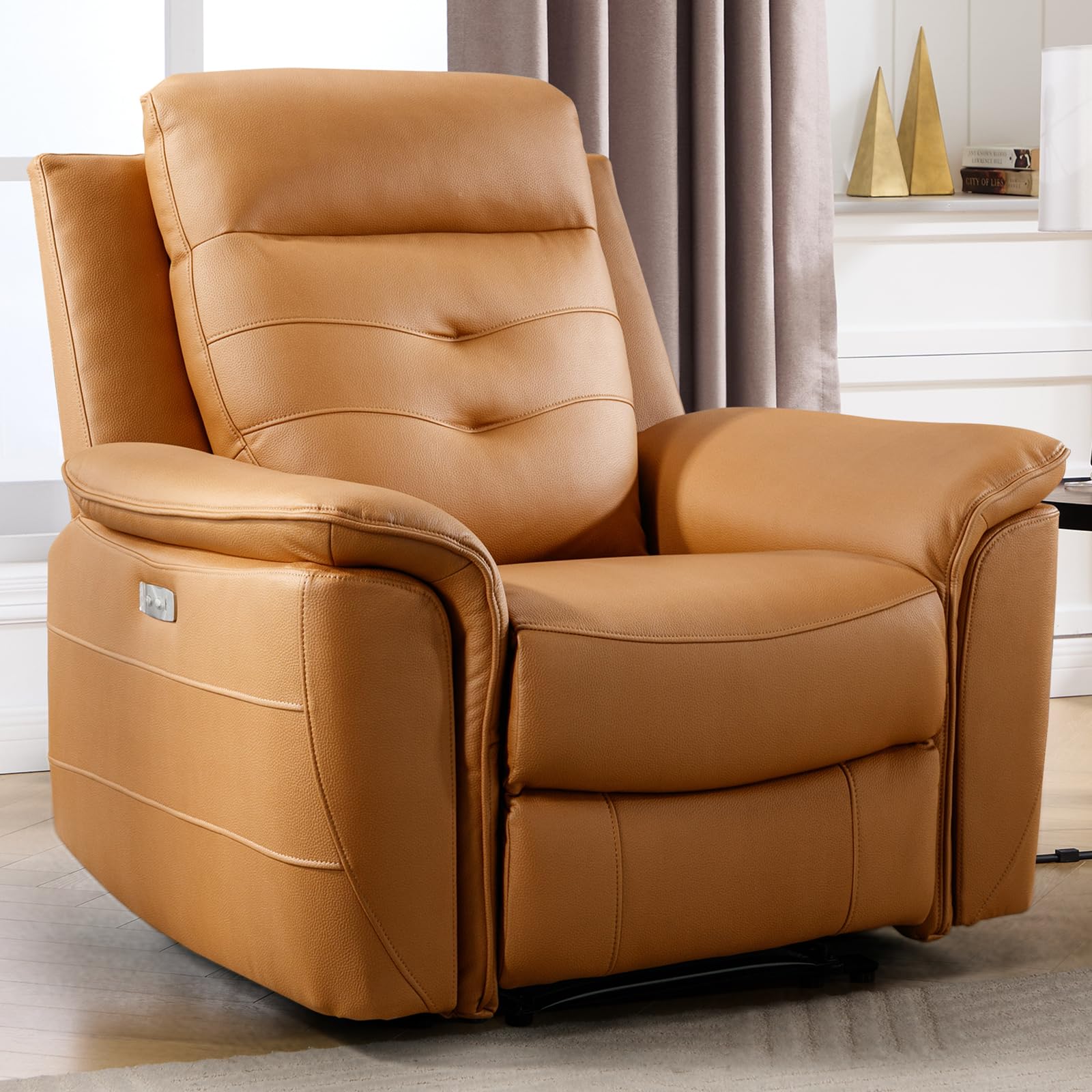 ANJ Power Recliner Chair for Adults with USB Charging, Breathable Faux Leather Oversized Electric Recliners, Single Overstuffed Heavy Duty Reclining Sofa Chairs for Living Room, Yellow