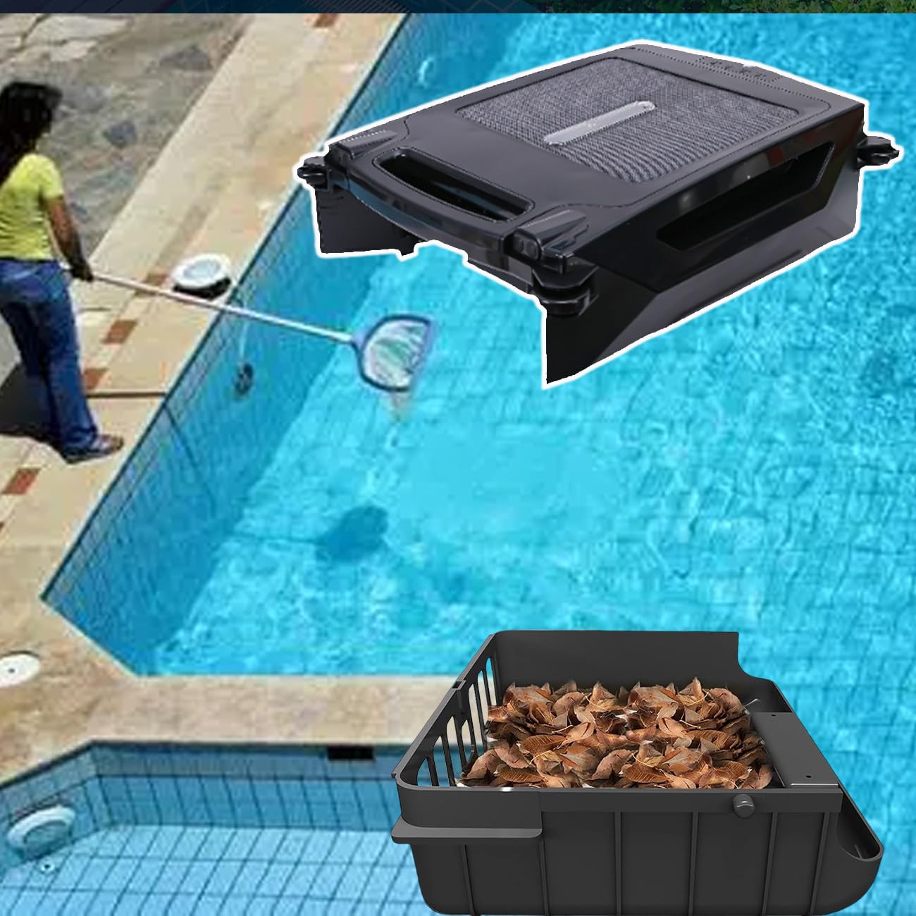 Skimmer solare per piscina con ampio cestello per detriti, batteria e aspiratore per piscina ad energia solare, 5-10 m/minuto, capacità di filtraggio 80 m2 (860 SQ/FT) Pulizia doppia modalità