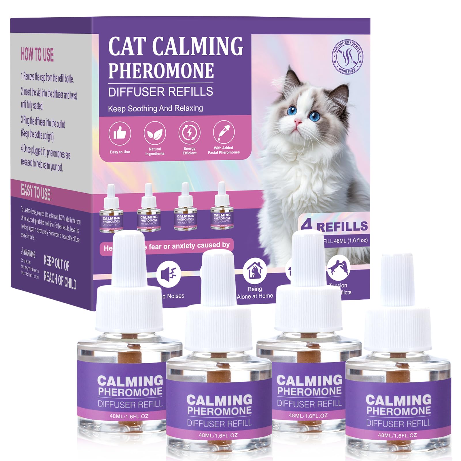 Cat Calming Pheromone Diffuser Refills 4 Pack Anxiety and Stress Calming for Cats Reduce Inappropriate Peeing and Spraying Fragrance Free for Bedroom Bathroom Reduces Conflict in Multi-Cat Households