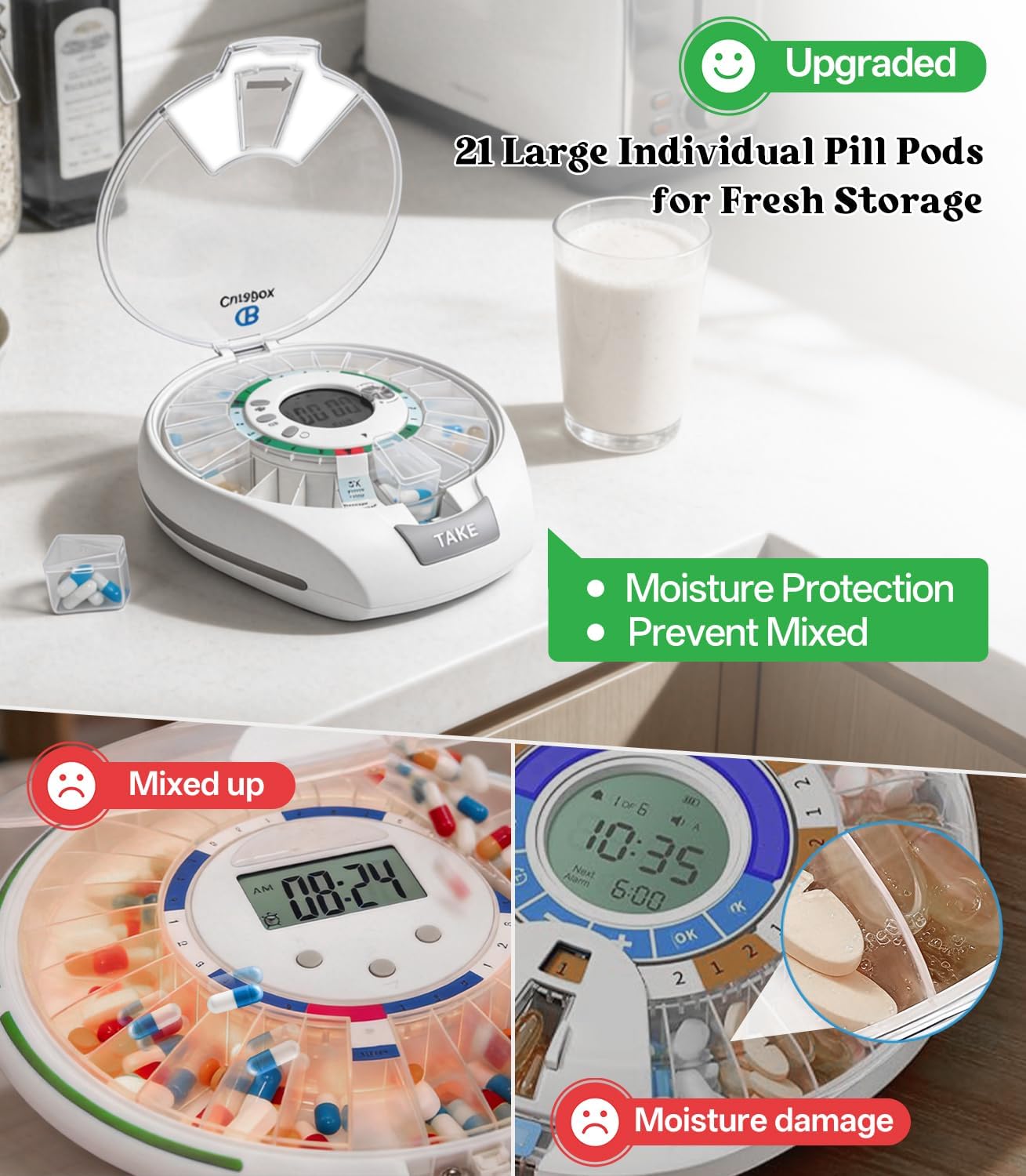 Bluetooth Automatic Pill Dispenser with App, 21 Individual Pods Medication Organizer for Seniors & Caregivers with Tracks Adherence History, Alarms & Light Alerts, Key Lock, for Vitamins Supplements