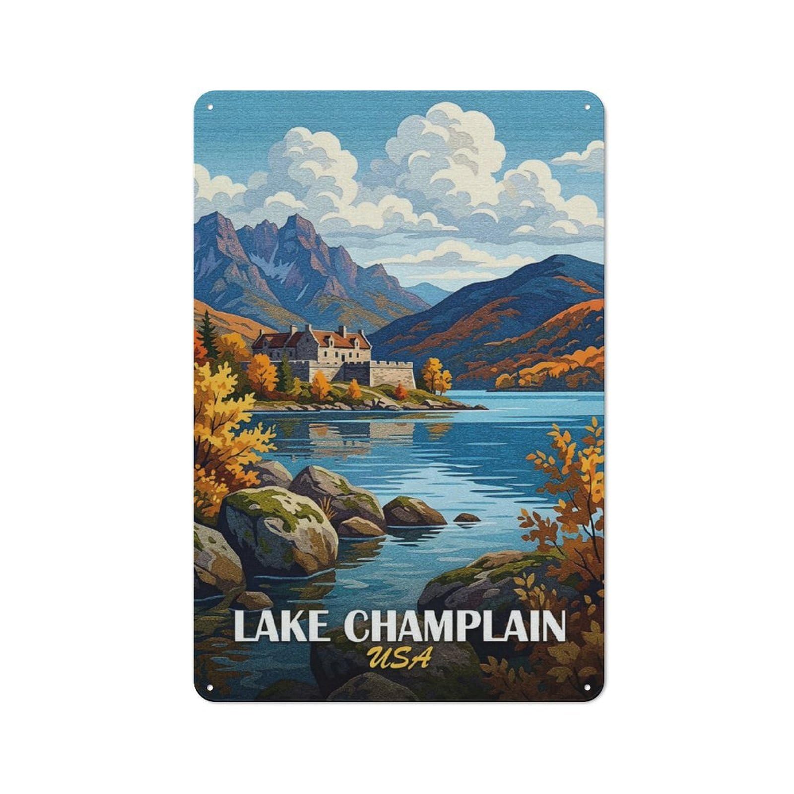 Lake Champlain, USA - Autumn Landscape Tin Sign 30x20cm, Creative Studio Wall Plaque for Hobby Room, Office, Lounge Or Living Room