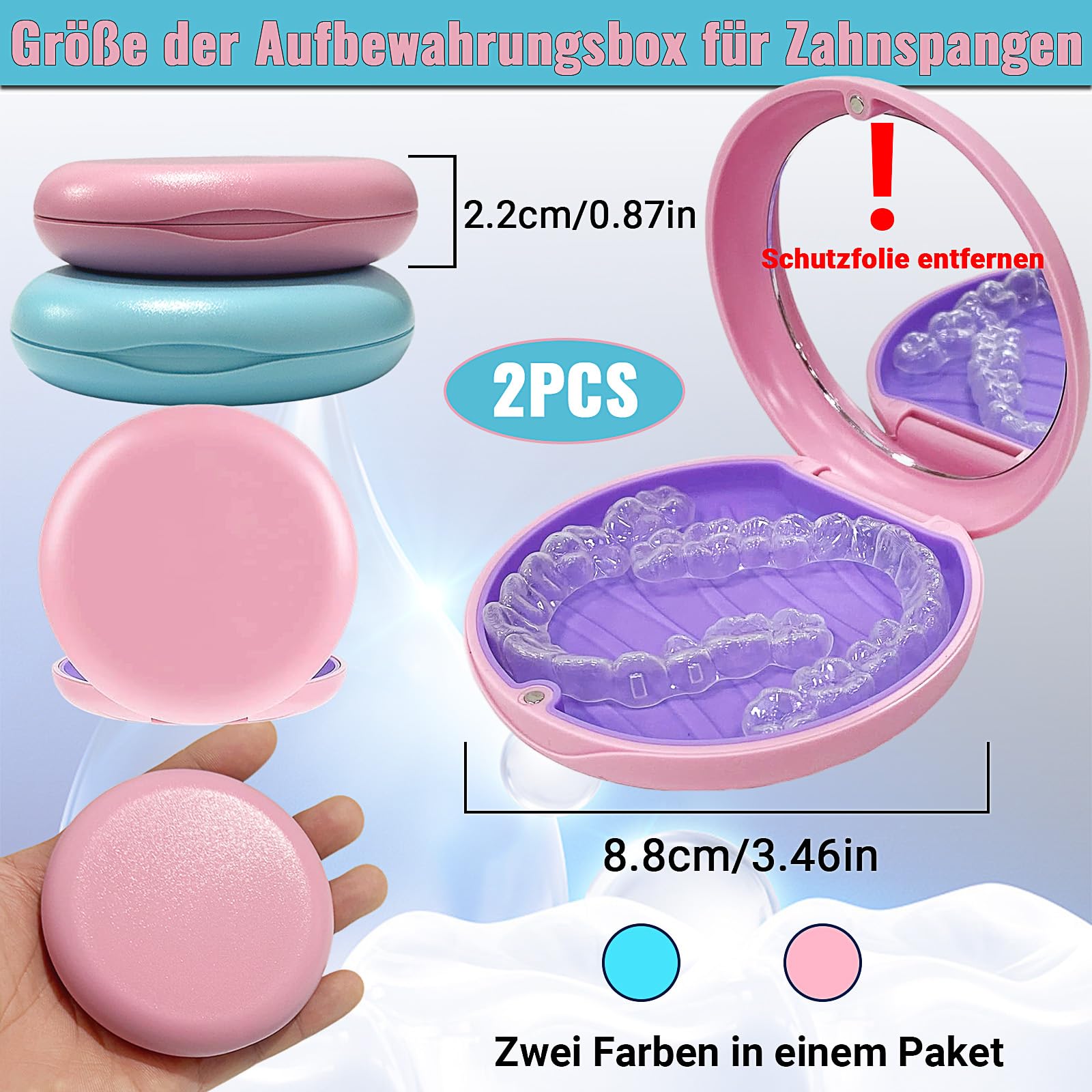 Caja de Dentaduras Portátil con Espejo 2 PC para Retenedores Soportes Protectores Bucales Azul y Rosa