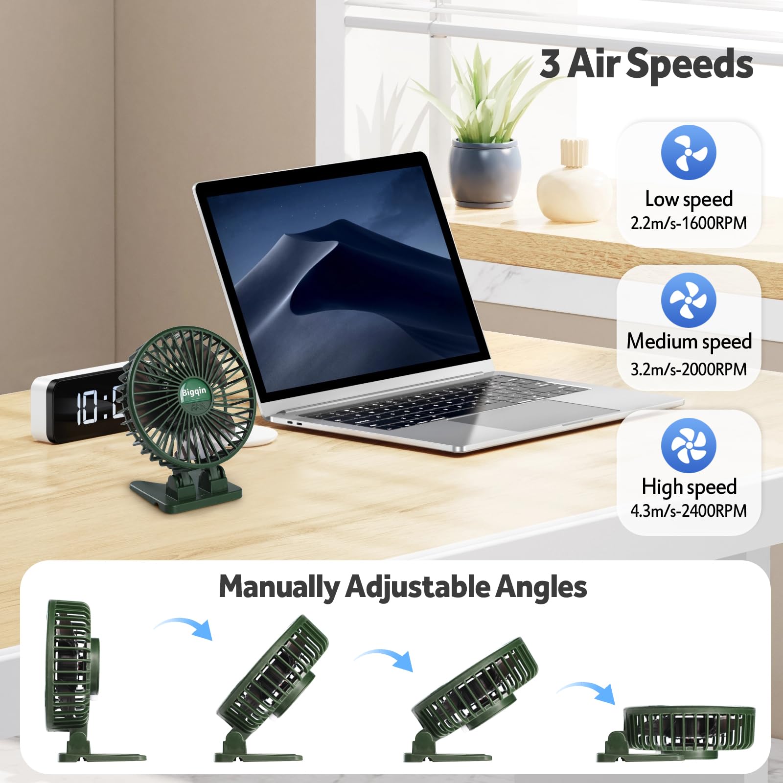 Bigqin Mini Ventilatore Portatile, Ventola Silenziosa USB, 3 velocità in un Pulsante, Piccolo Ventilatore Potente, Mini Ventilatore ad Angolo Regolabile per Tavolo da Ufficio,Verde Militare
