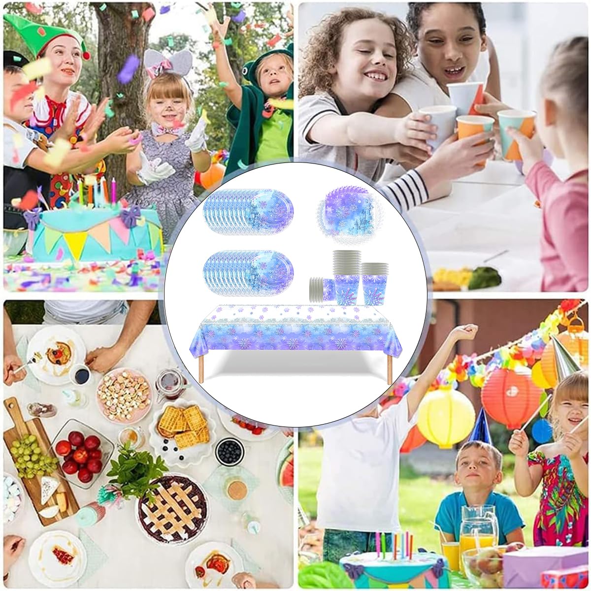 Stoviglie per feste Frozen,Set di stoviglie per feste con fiocchi di neve blu e viola,20 tovaglioli 20 bicchieri di carta 20 piatti di carta 1 tovaglia,Stoviglie per bambini e adulti