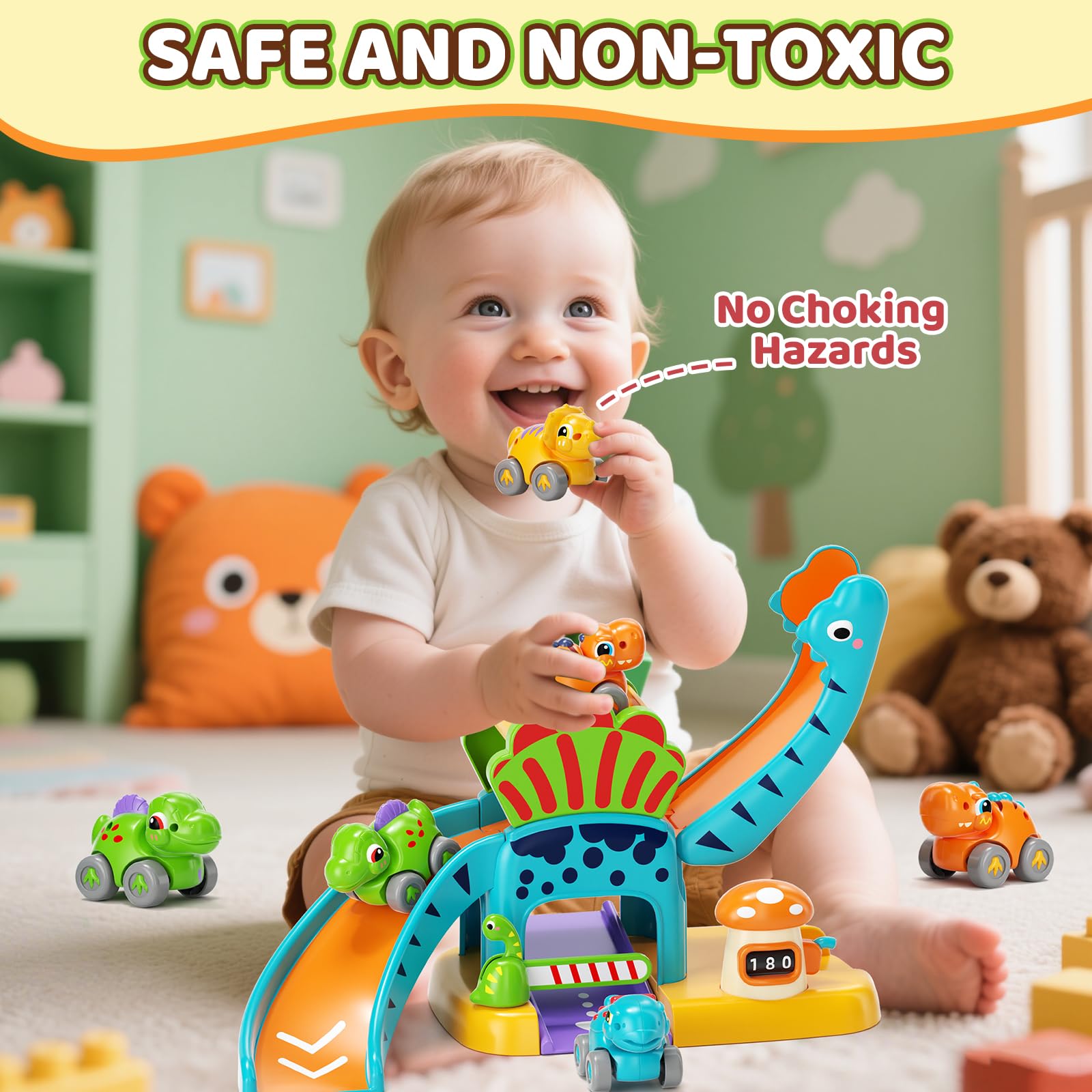 Dinosauri Con Scivolo E Parcheggio – Gioco Educativo Per Bambini 1-3 Anni, 4 Macchinine Incluse, Regalo Creativo Per Sviluppare Motricità E Coordinazione