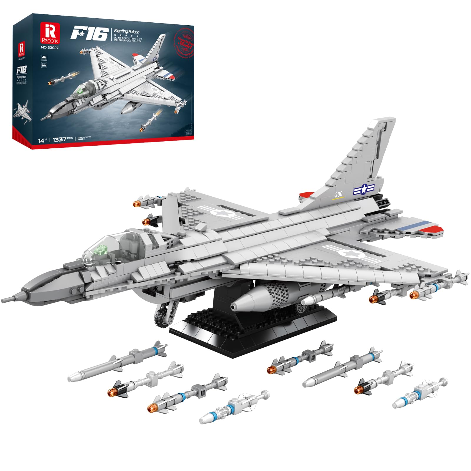 Photo 1 of Reobrix F-16 Fighter Jet Building Sets,Military Fighter Display Model,Air Force Building Block Set 33027,Fighting Falcon Airplane Army Construction Set,Toys Gifts for Military Fans and Kid 14+,1337PCS