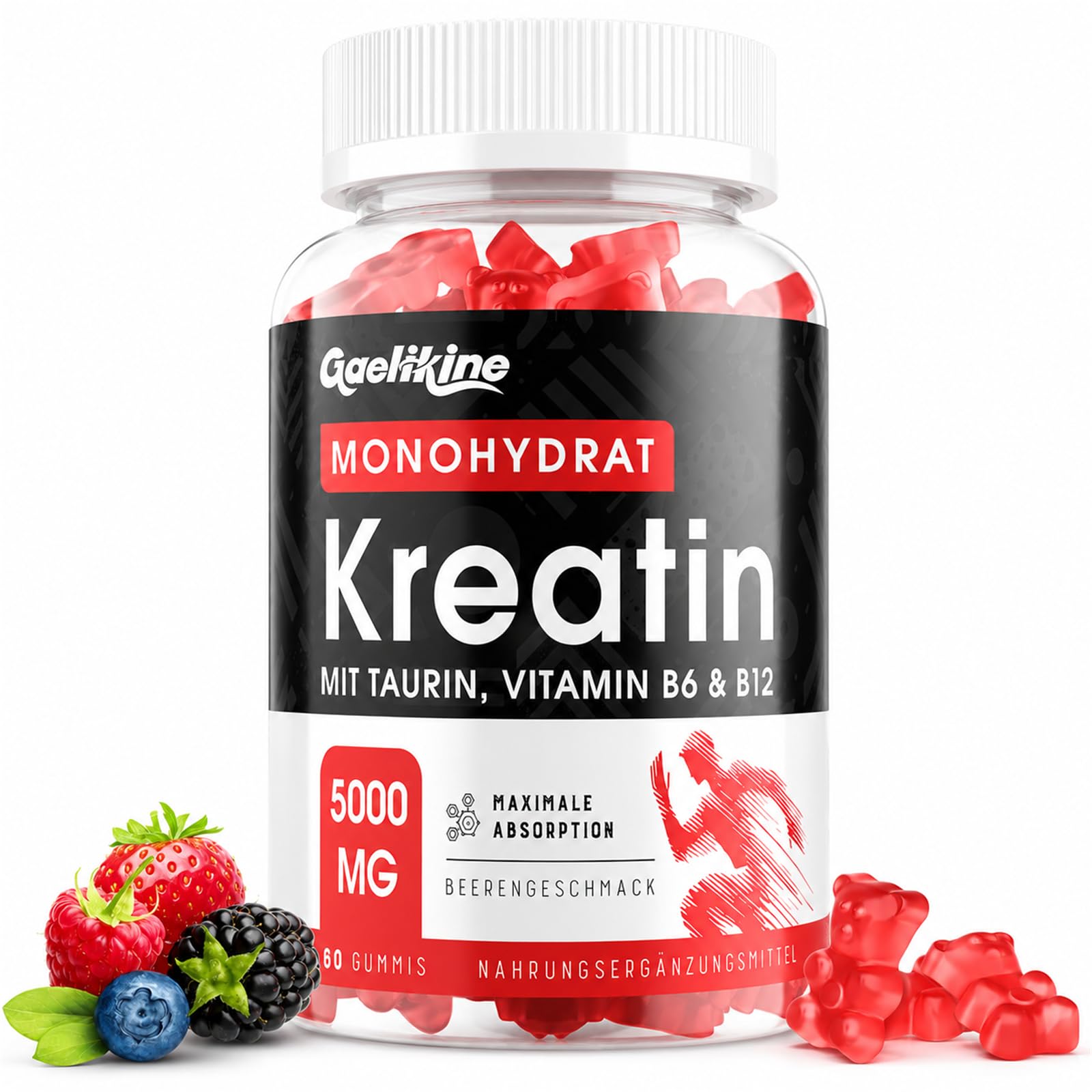 Creatin Monohydrat Gummibärchen 5000mg, Hochdosierte Kreatin mit Taurin, Vitamin B12 & B6, Alternative zu Kreatin Kapseln & Pulver, Vegan, Beerengeschmack (60 Stück (1er Pack))