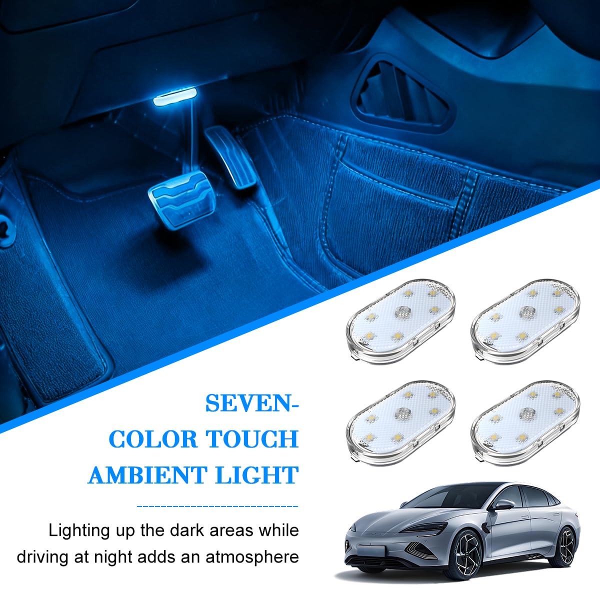 4 luces LED inalámbricas para el interior del automóvil, 6 cuentas de lámpara LED brillantes, luz ambiental magnética para vehículo, accesorios de iluminación nocturna para automóvil