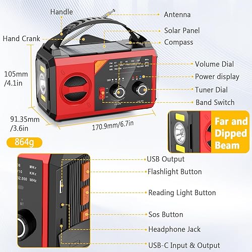 Miniatura 5 de Radio meteorológica de emergencia de 20000 mAh con altavoz inalámbrico, 74000 mWh NOAAAMFM radio solar con linterna celular, cargador de teléfono,