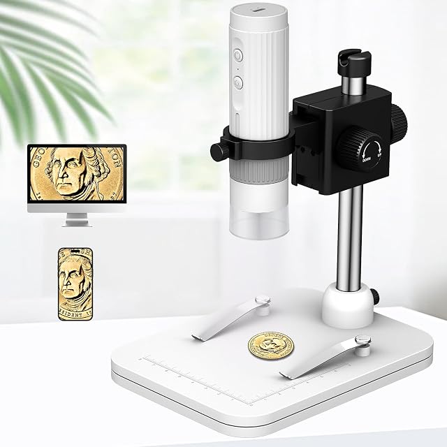 Wireless Digital Microscope Handheld USB HD Inspection Camera 50X-1000X Magnification with Stand Upgrade No Shake, Adjustable 8 LED Lights,WiFi Portable Microscope for PC Phone Compatible-White