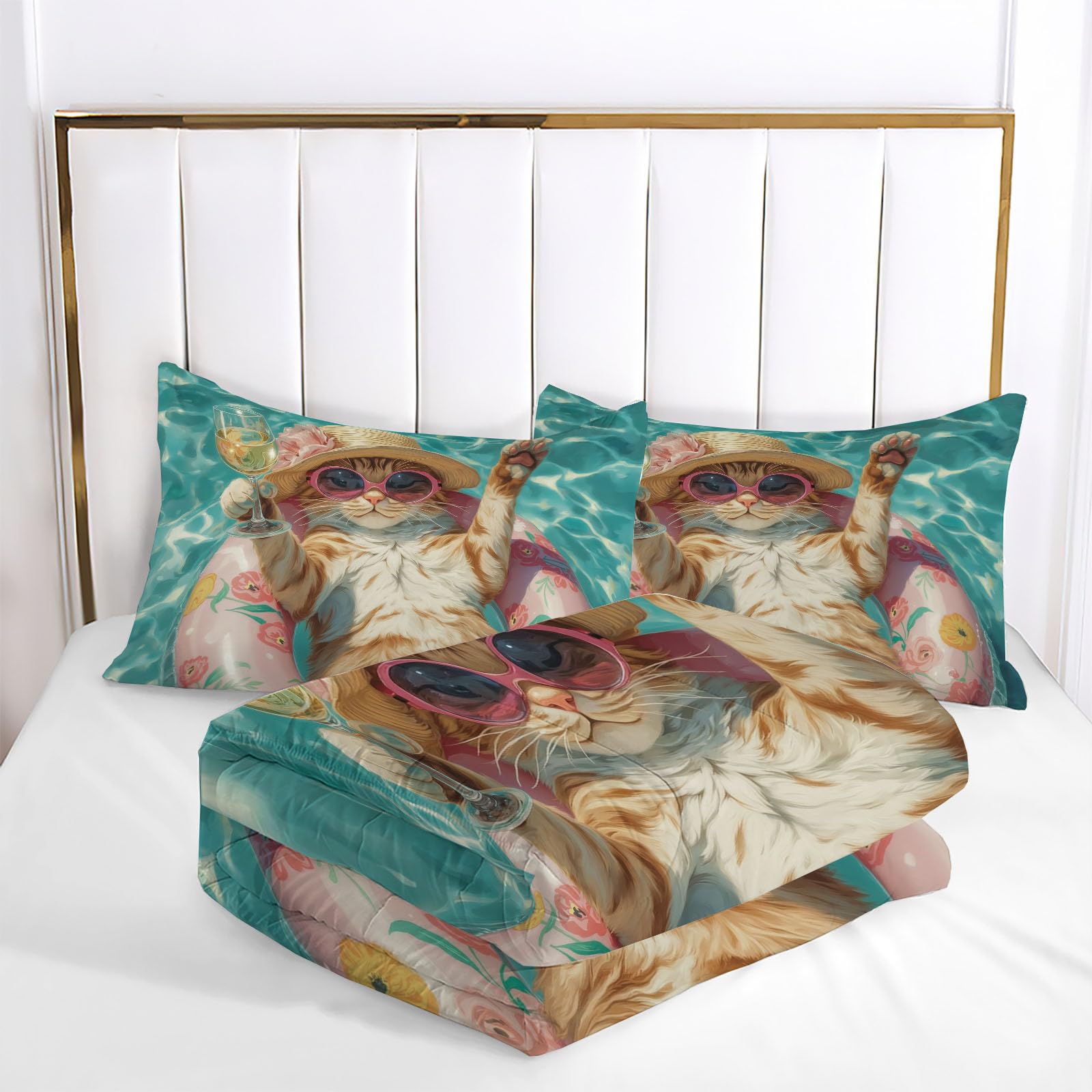 Edredon Cama 135/150 Piscina Gato Naranja Estampado Infantil, Edredón Nórdico 4 Estaciones 240x220cm, Colcha Transpirable De Microfibra Lavable Luz Solar Abstracto Animales, 2 Fundas De Almohada