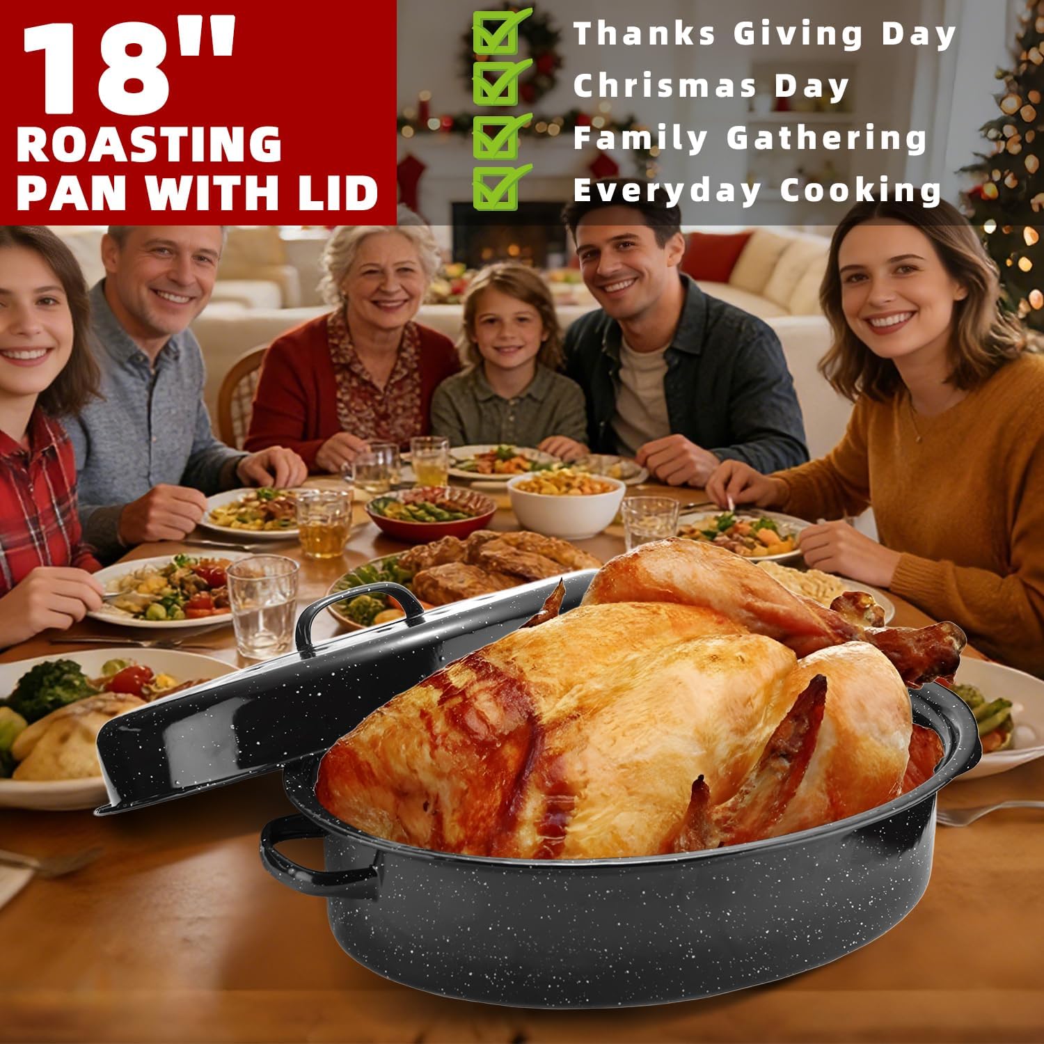 18Inch Roasting Pan, Enamel on Steel, Black Covered Oval Roaster Pan with Lid, Large Cookware for Turkey, Small Chicken, Roast Baking Pan. - Image 8
