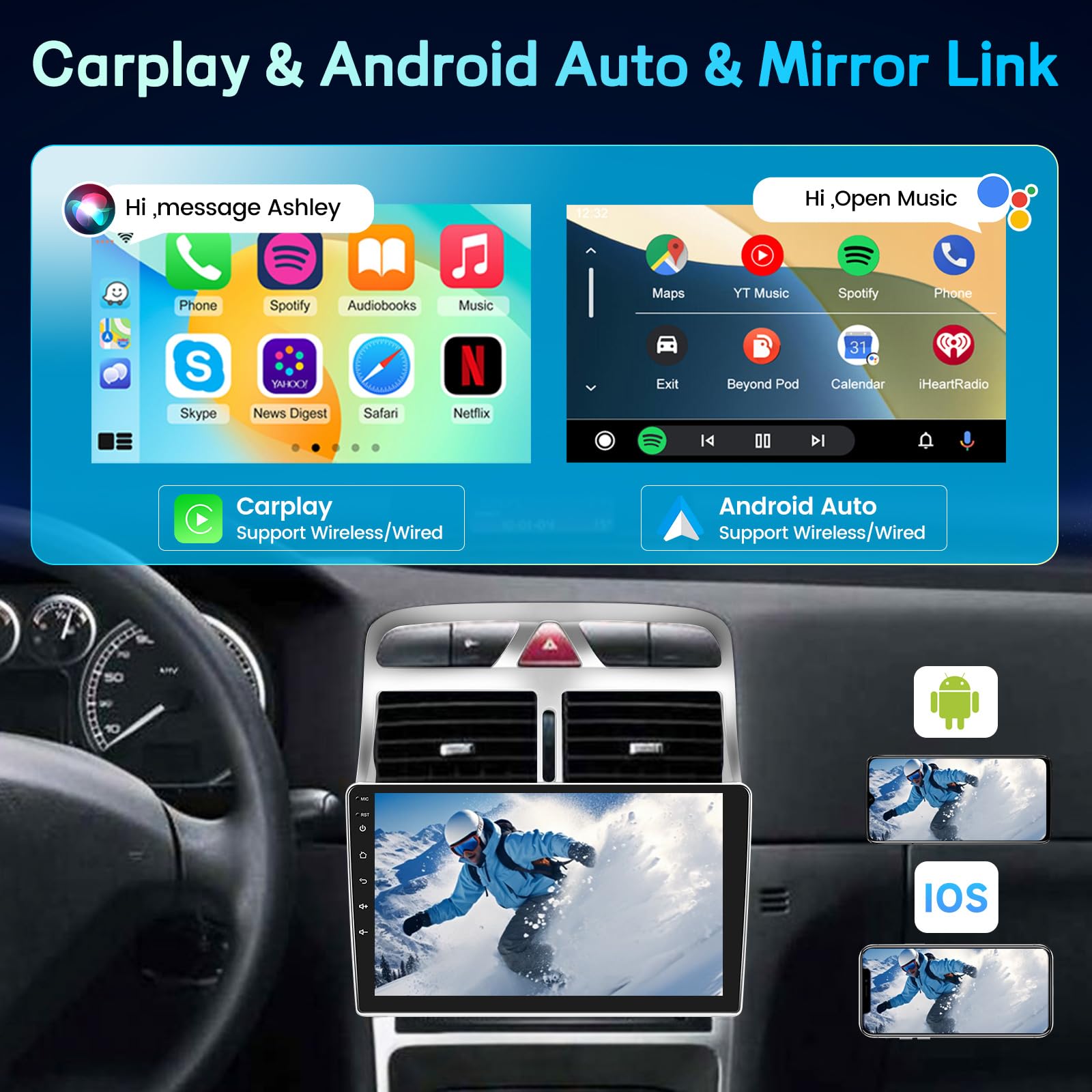 Radio Android 2+64GB para Peugeot 307 2002-2013, Pantalla Táctil IPS 9 Pulgadas con CarPlay & Android Auto Inalámbrico, GPS WiFi Bluetooth DSP + Cámara de Marcha Atrás & Micrófono
