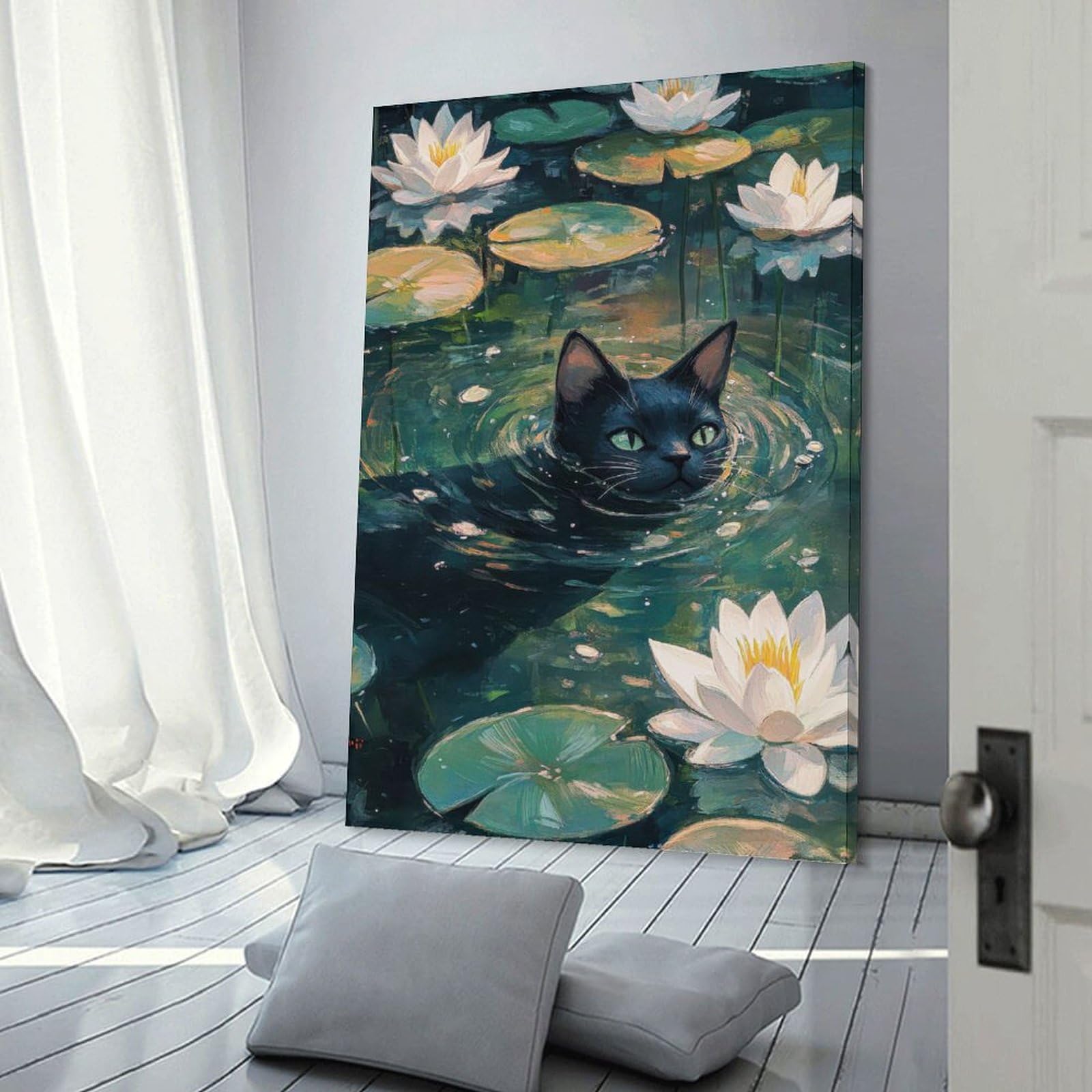 Junmoney Black Cat in Water Lilies Canvas Art Print 20x30inch(50x75cm), for Front Hall, Corridor Or Welcome Spaces, Home Artwork for First Impressions