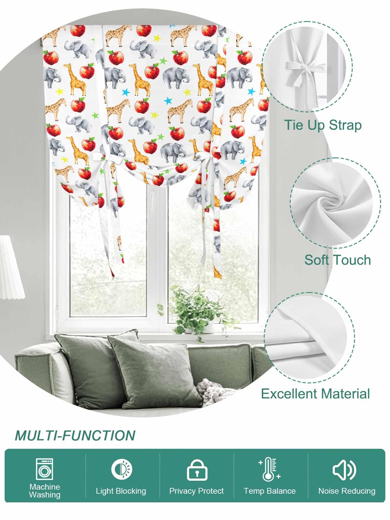Tie Up Curtains for Windows Cute Giraffe Elephant Roman Shade 52 x 45 Inch Bathroom Curtains Window Blue Green Star Fruits Rod Pocket Short Balloon Curtain for Living Room Kitchen Small Blinds