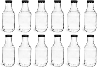 North Mountain Supply 16oz Glass Sauce Bottles with 38mm Black Lids - Case of 12 Made in USA for Sauces, Dressings & Beverages
