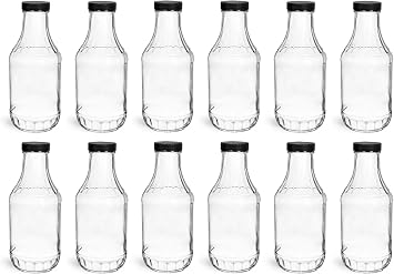 North Mountain Supply 16 Ounce Glass Sauce Bottle - With 38mm Black Plastic Lids - Case of 12