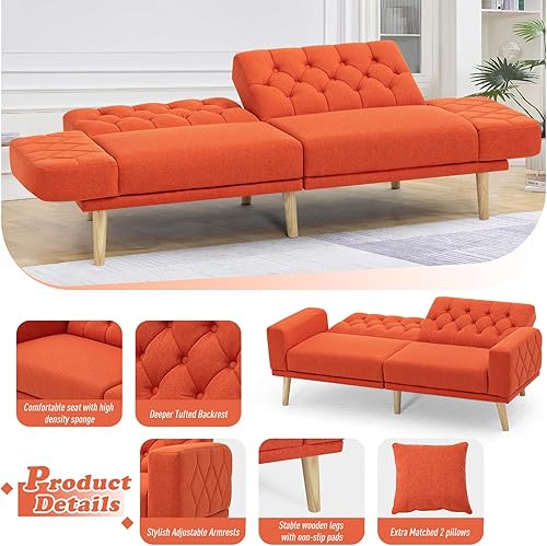 Miniatura 5 de Lesofair Sofá cama de tela de lino de 70 pulgadas con respaldo ajustable, sofá biplaza convertible copetudo con reposabrazos ajustables, sofá cama