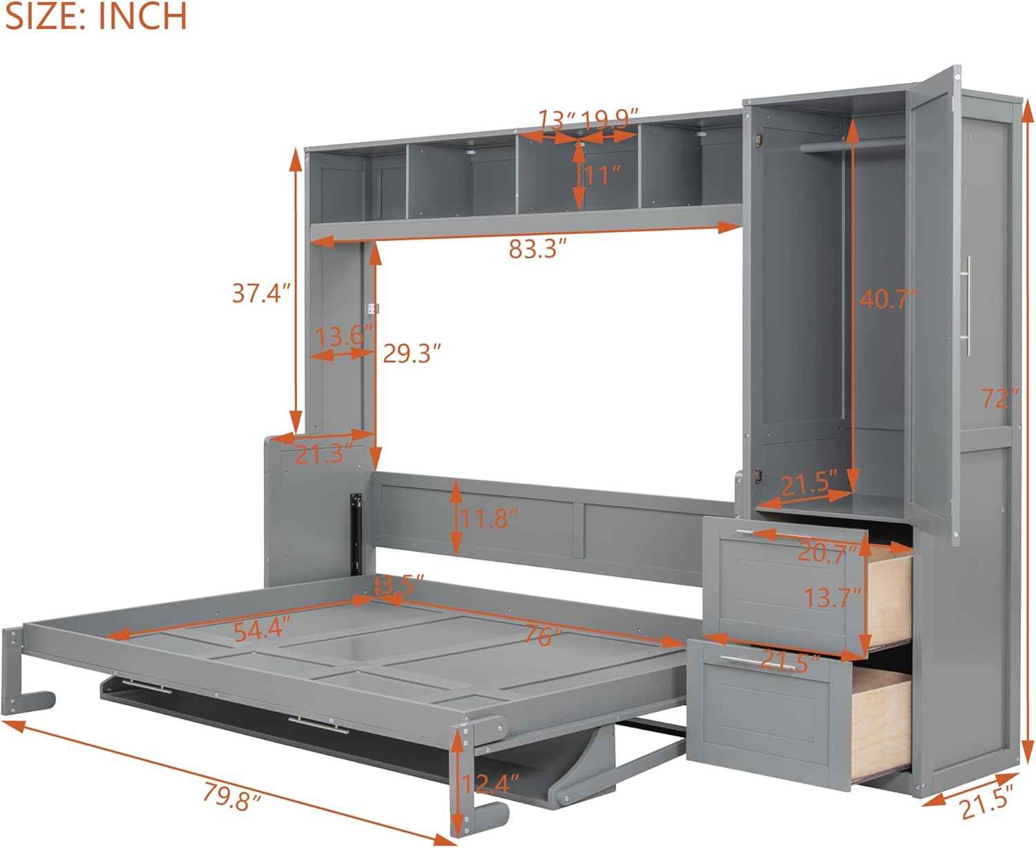 P PURLOVE Full Wood Murphy Bed with Closet, Open Shelves, Cabinets and Drawers, Murphy Bed Frame for Adult, Teenager, No Box Spring Needed (Gray)