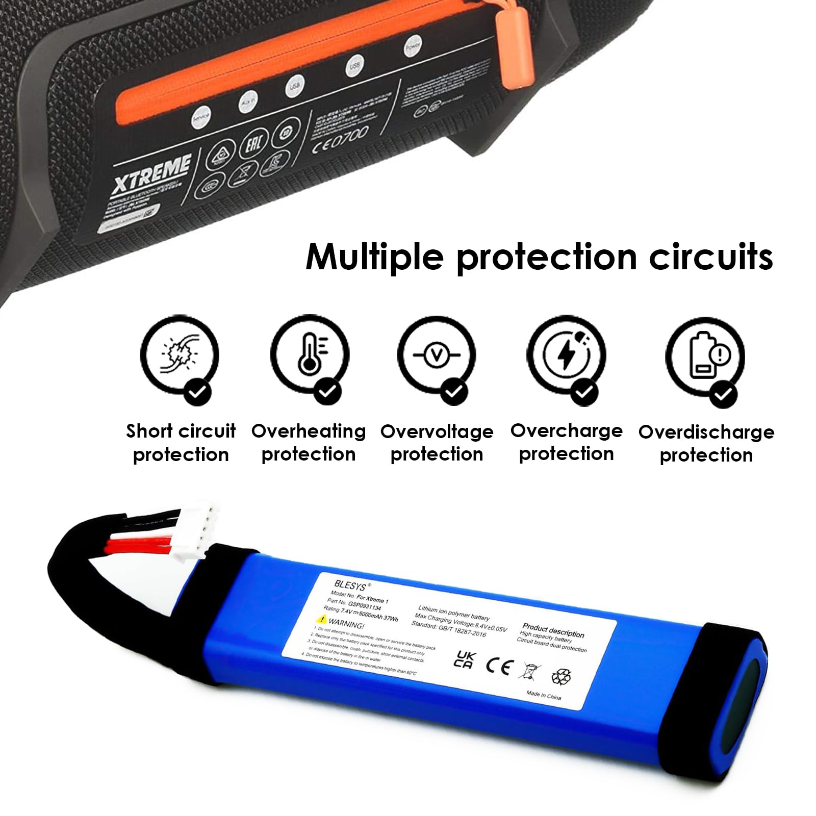 BLESYS Batteria per JBL Xtreme 1 Generation, batteria agli ioni di litio 7,4V 37Wh GSP0931134 per altoparlante JBL Xtreme, Xtreme 1 Altoparlante Bluetooth