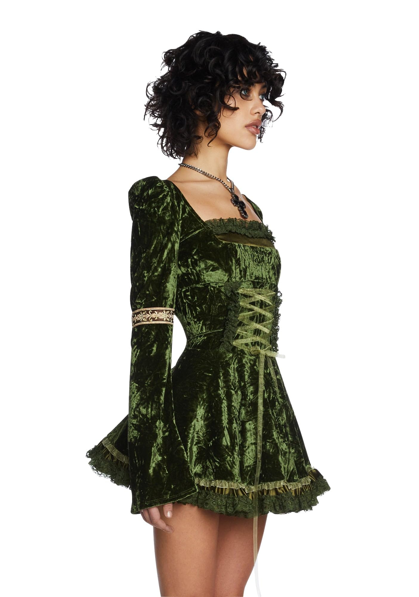 Dolls Kill Myths N' Legends Mini Dress by Current Mood – Green Velour Dress with Lace-Up Front & Puff Sleeves