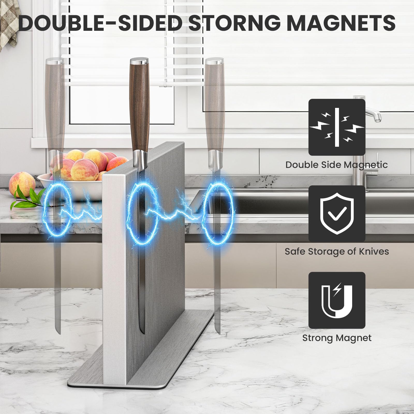 THMINS Bloc magnétique à couteaux en acier inoxydable, support magnétique double face, présentoir multifonctionnel universel pour plan de travail de cuisine