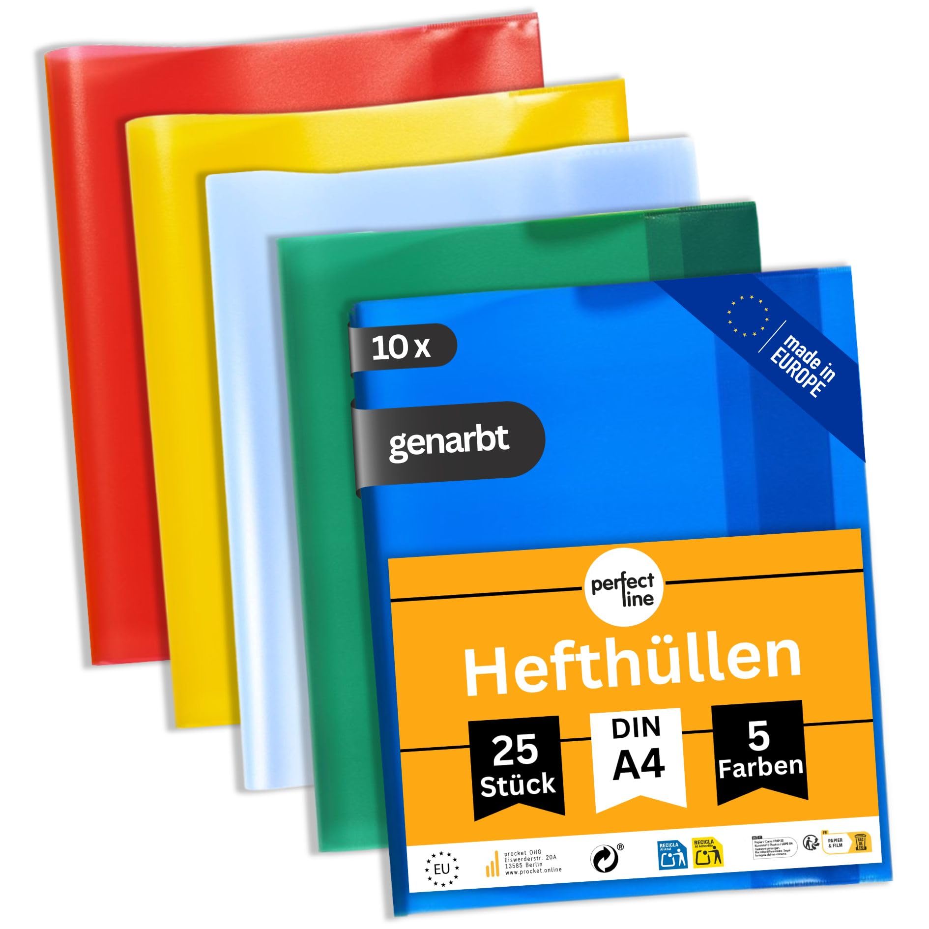 perfect line 250 copertine DIN A4, 5 colori, copertina per quaderni trasparente, copertina per quaderni in polipropilene riciclabile, resistente ai documenti (10 set da 25 pezzi)