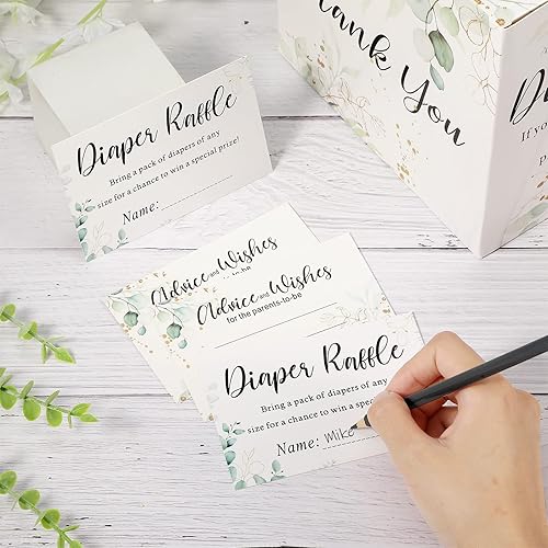 Miniatura 6 de 51 boletos para rifas de pañales verdes con tarjeta de sorteo de pañales, caja de letreros para decoración de fiesta de baby shower, hojas para