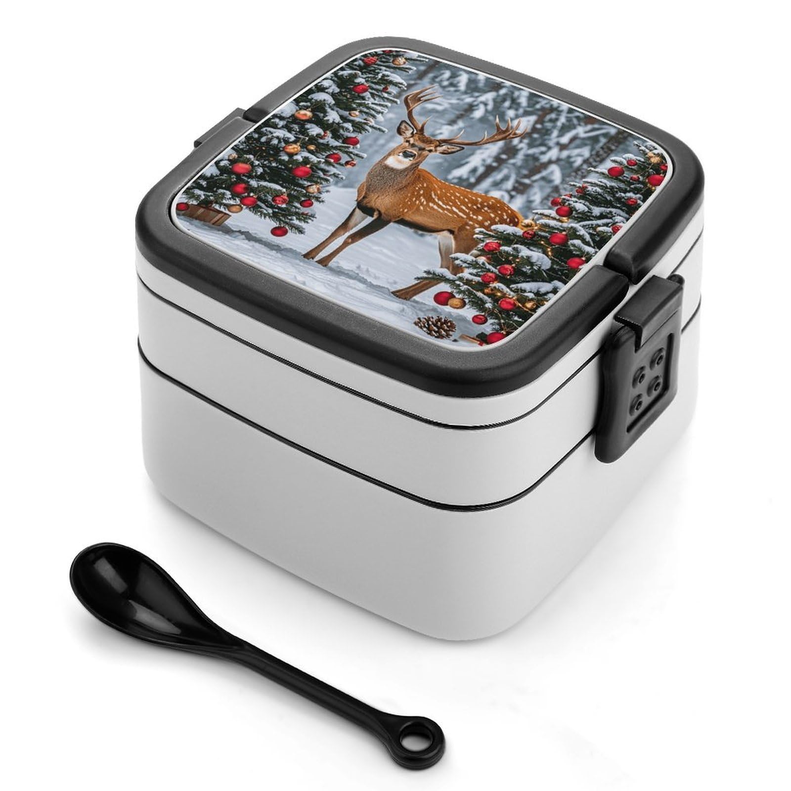 VstaDank Cow Deer Trees Christmas Bento Box with Compartments Portable Lunch Containers with Spoon Leak Proof Bento Lunch Box Snap-On Design Double-Layer Insulated Lunch Boxes for Work Camping