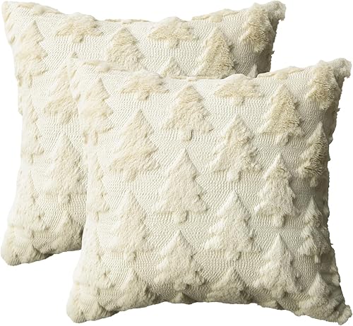 Miniatura 1 de AVOIN colorlife Juego de 2 fundas de almohada beige con árbol de Navidad, 18 x 18 pulgadas, felpa suave, piel sintética, jacquard, festivales,