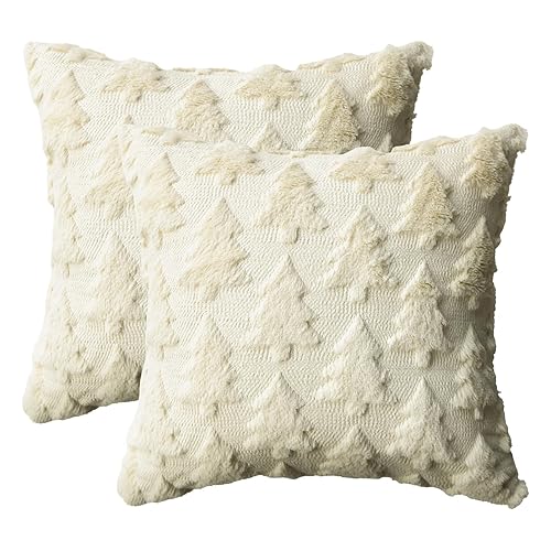 AVOIN colorlife Christmas Tree Beige Throw Pillow Cover Set of 2, 16 x 16 Inch Soft Plush Faux Fur Jacquard Festivals Winter Cushion Case Decoration for Sofa Couch - Beige - 40.6L x 40.6W cm (Pack of 2)