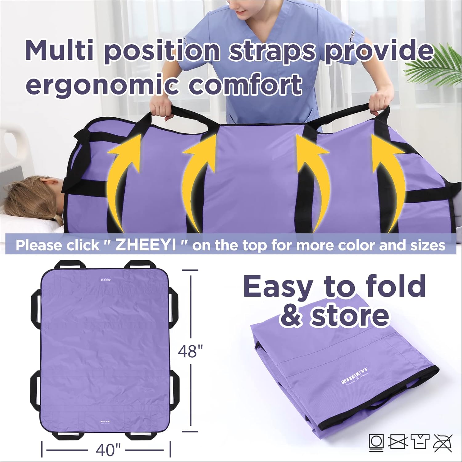 Multipurpose 2 Pack 48" x 40" Positioning Bed Pad with Reinforced Handles - Reusable & Washable Transfer Sheet for Turning, Lifting & Repositioning - Double-Sided Nylon Fabric, Purple