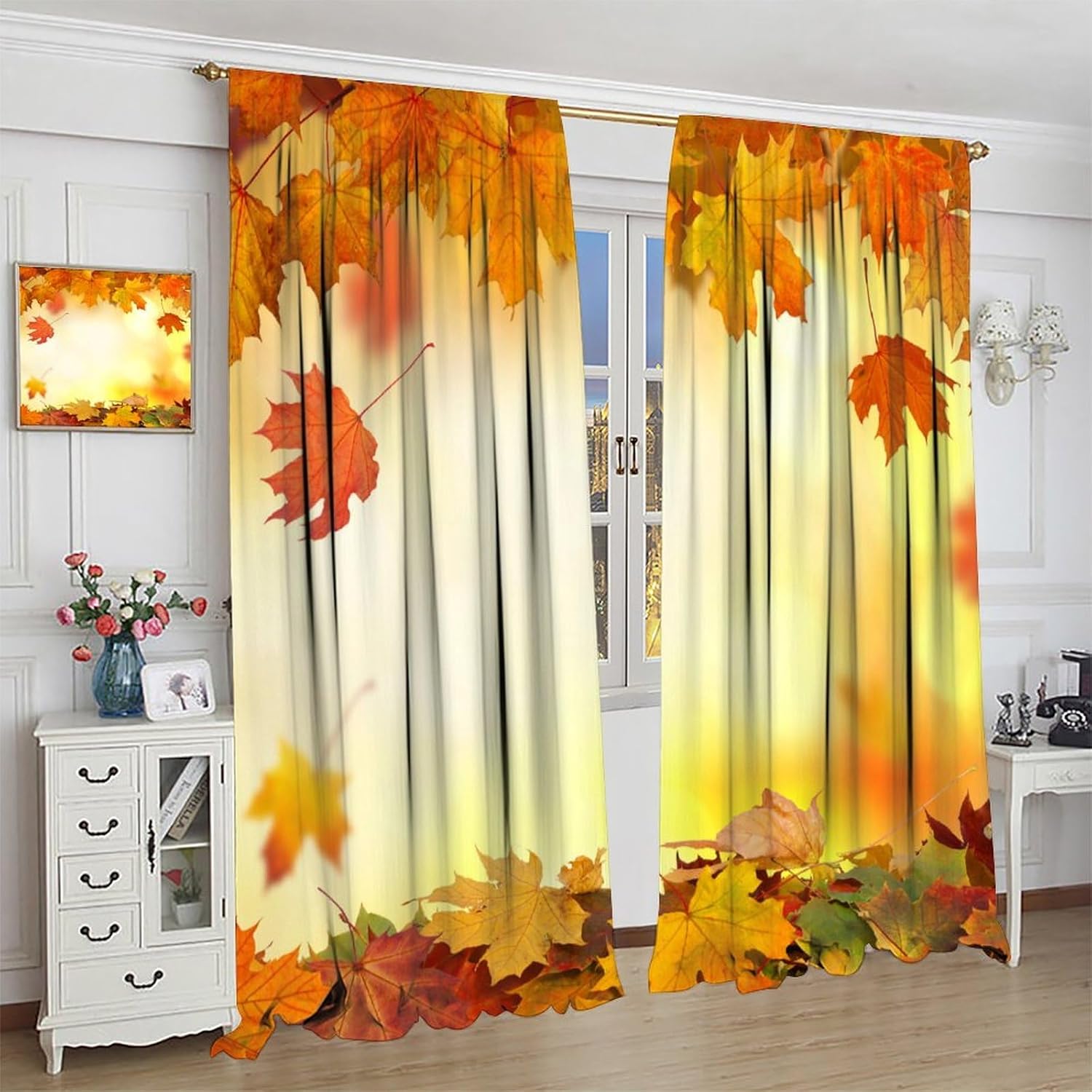 Fall Maple Leaf Curtain, Orange Fall Rustic Eucalyptus Leaves Thanksgiving Falling Leaf Blackout Windows Treatments, Thermal Insulated Drapes for Girls Living Room Bedroom Kitchen 55x63in