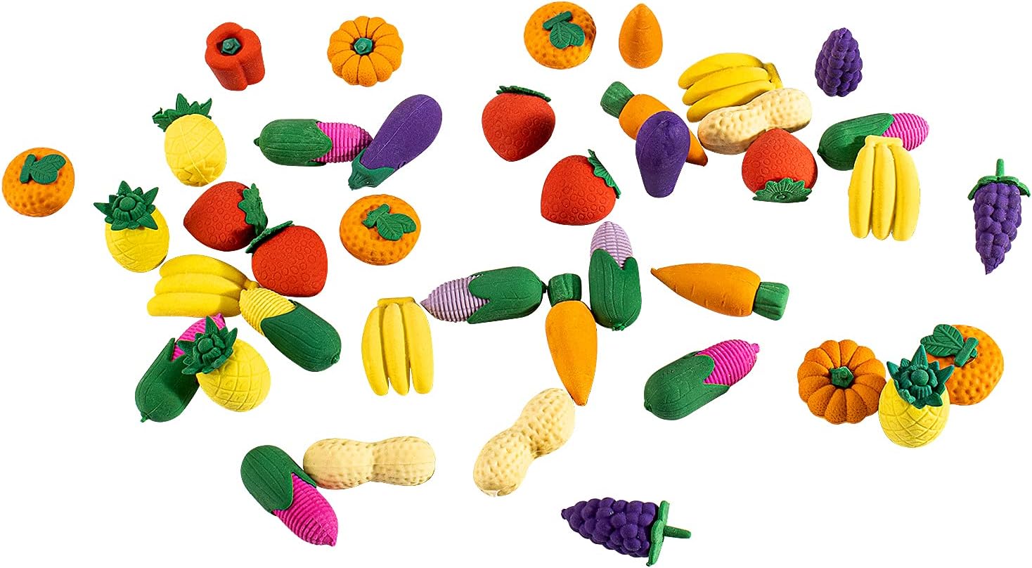 Pack of 40 Fruit Vegetable Erasers Set Mix 3D Mini Pencil Erasers for Kids Party