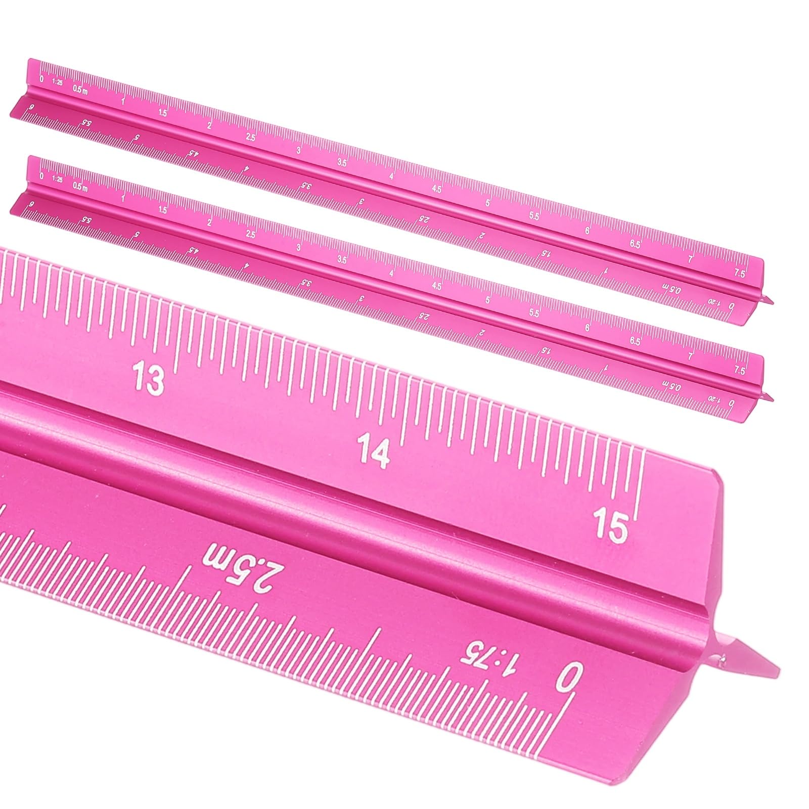 sourcing map 2 Pcs Architectural Scale Ruler, 12 Inch Metric Aluminum Alloy Architect Triangular Small Scale Laser-Etched Blueprint Drafting Ruler for Architects Engineers, Rose Red