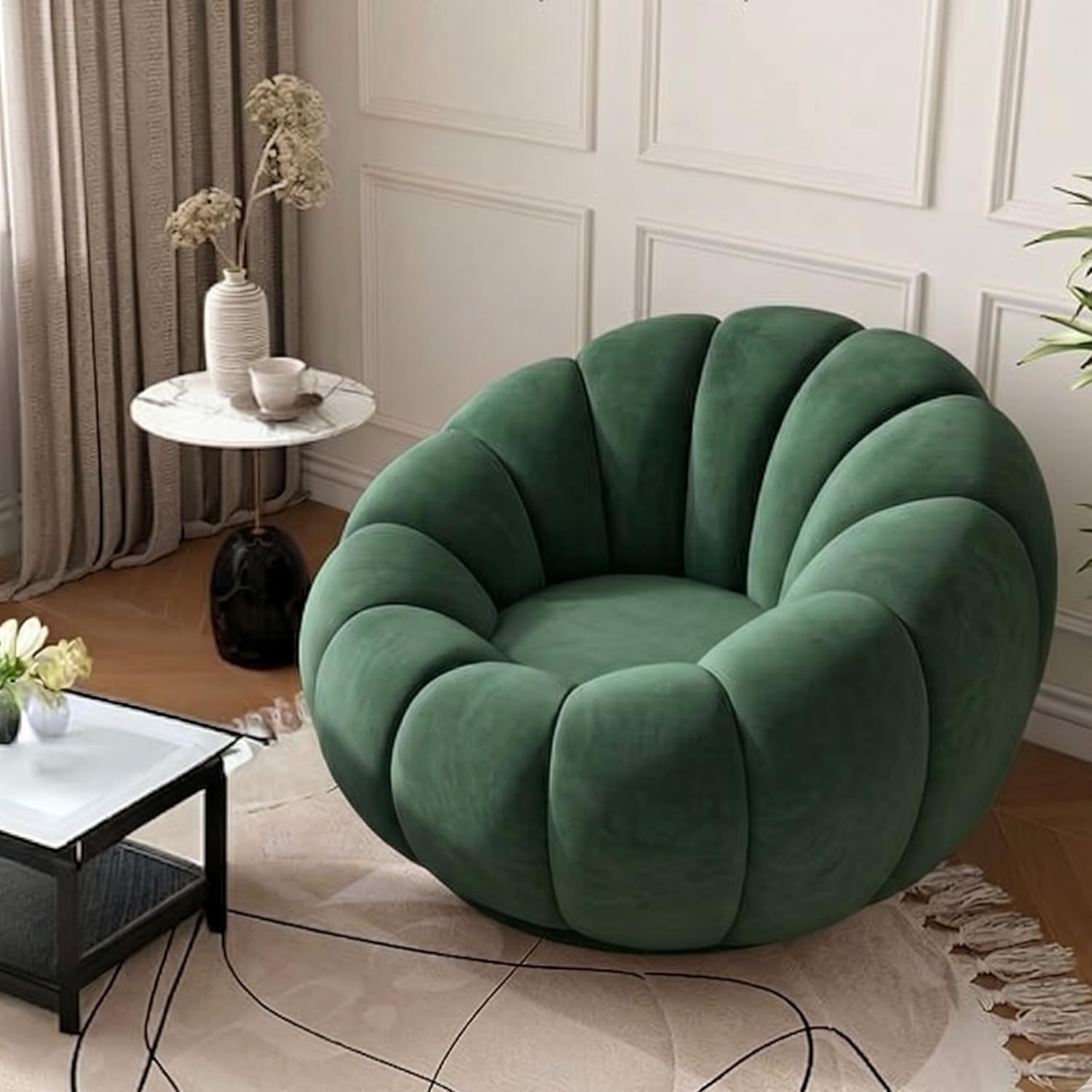 Modern Bouclé Accent Chair | Pumpkin Shape Single Seater Sofa Chair for Living Room Bedroom & Balcony Decor (Green)-picture-19