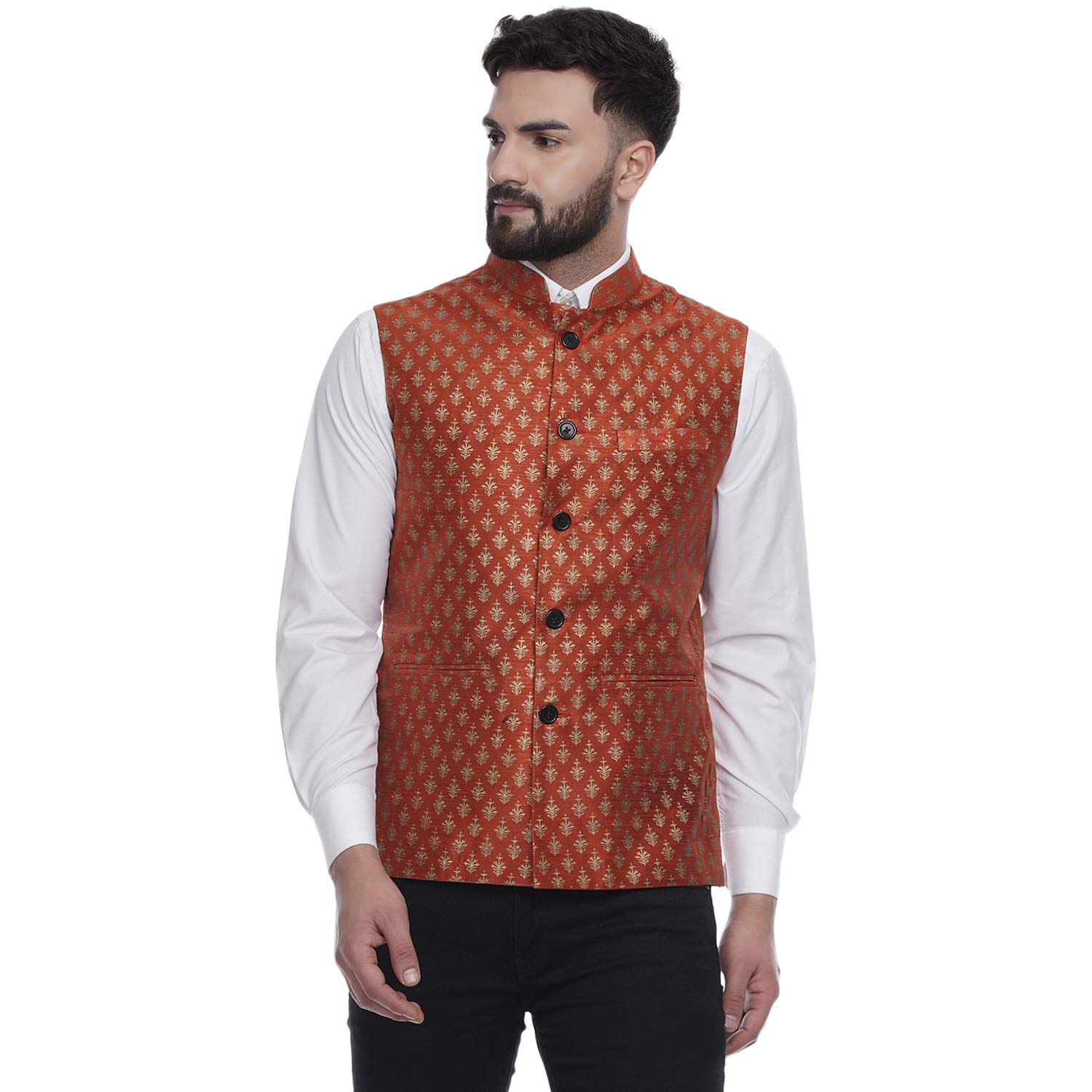 ghanshee Orange Jacquard Printed Silk Nehru Jacket (orange)-picture-50