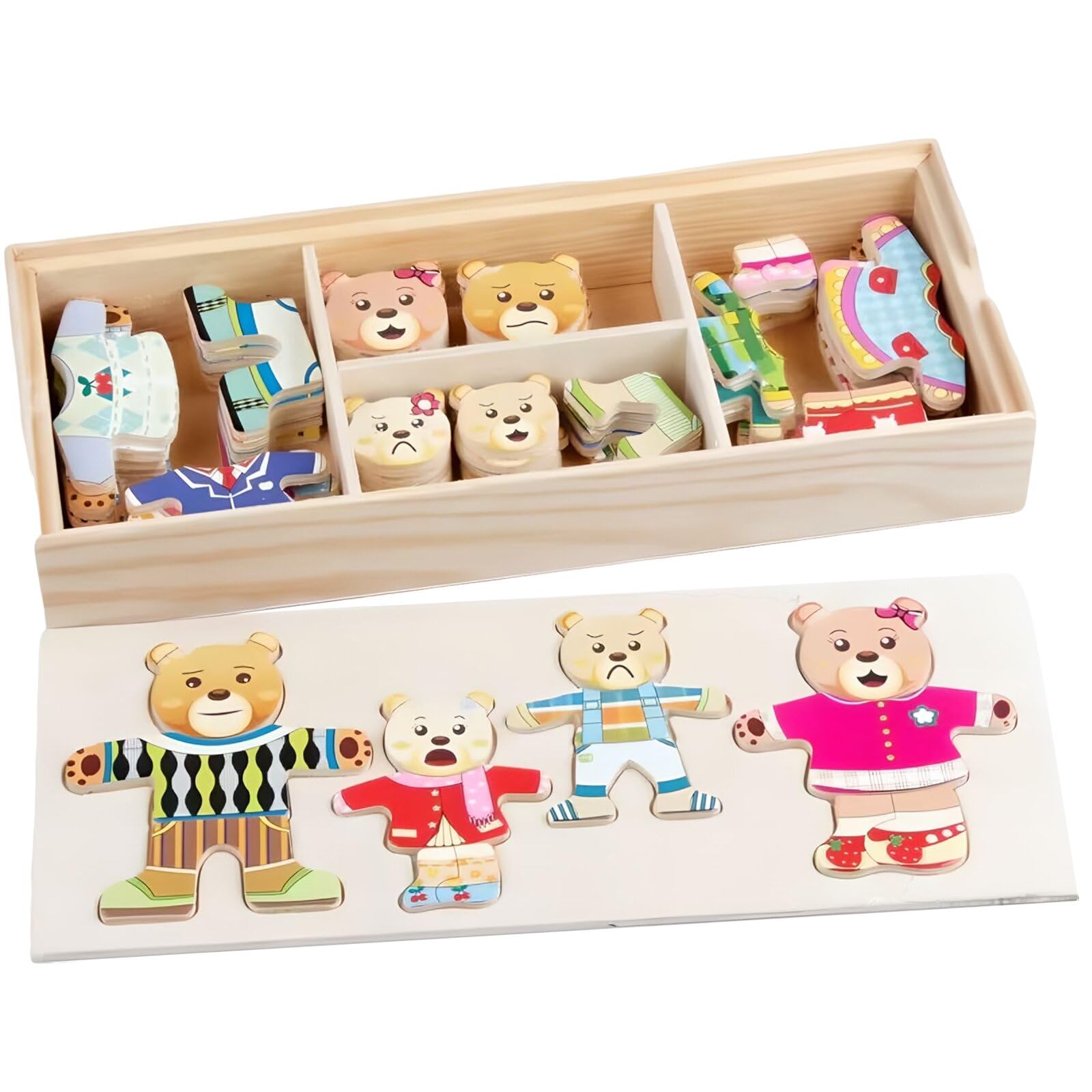 Itian Puzzles Famille d'ours Bois Dress-up de Puzzle Boîte Jouet,DIY Puzzle Ours Changez de Vêtements