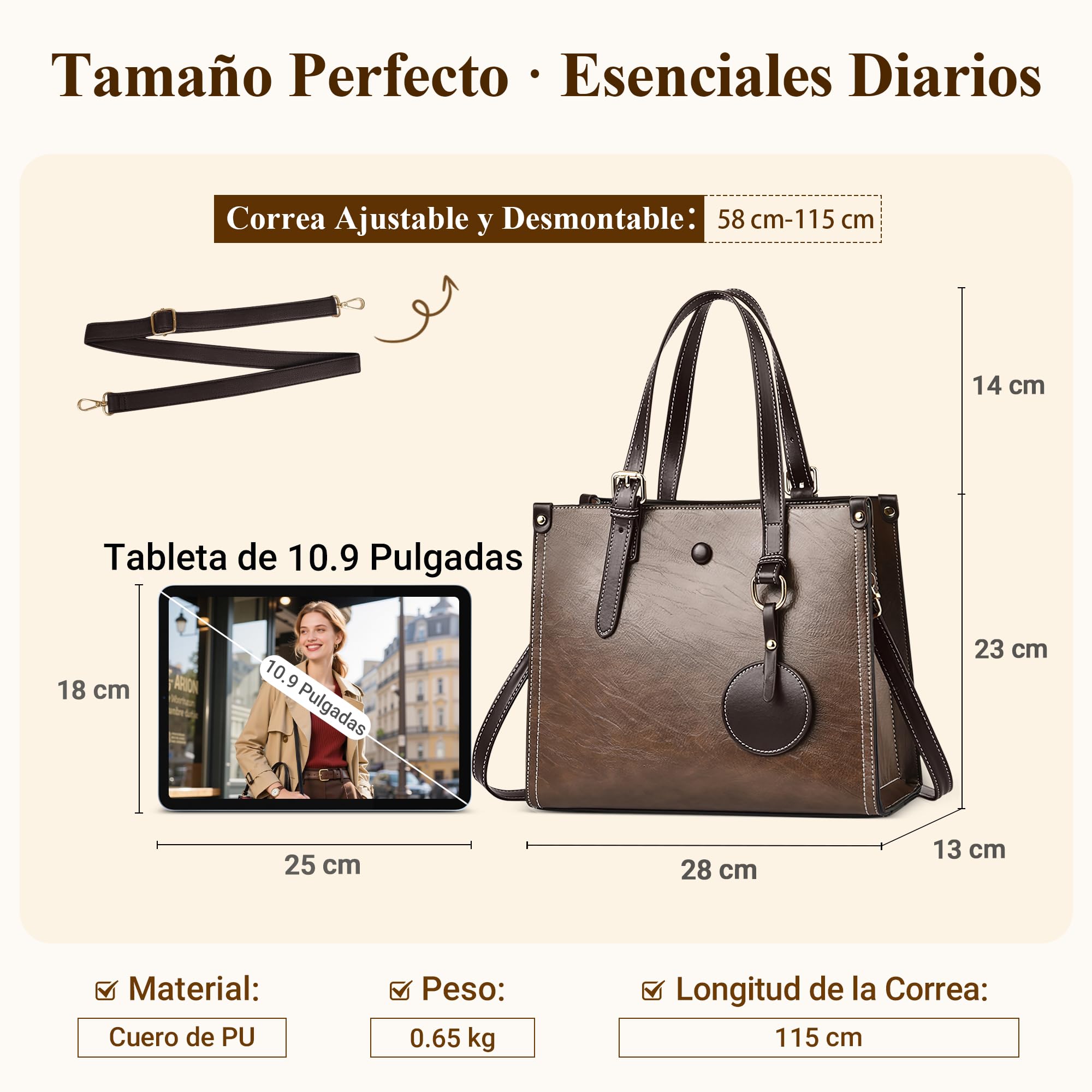 Bolso De Mano Elegante para Mujer — Bolso Bandolera Piel PU Impermeable con Adorno Redondo Y Correa Ajustable, Oficina, Compras, Citas, Fiestas (Marrón Café,L)