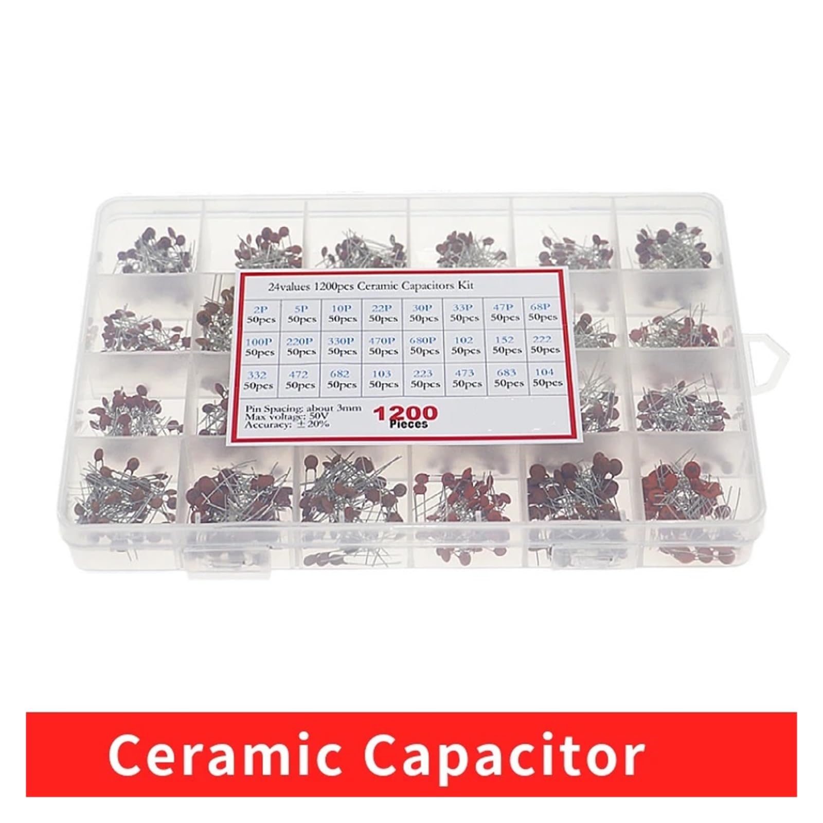 Kit surtido de condensadores cerámicos de 24 valores, juego de condensadores 2PF-0,1UF 50V, paquete electrónico 47PF 68PF 100PF 220PF
