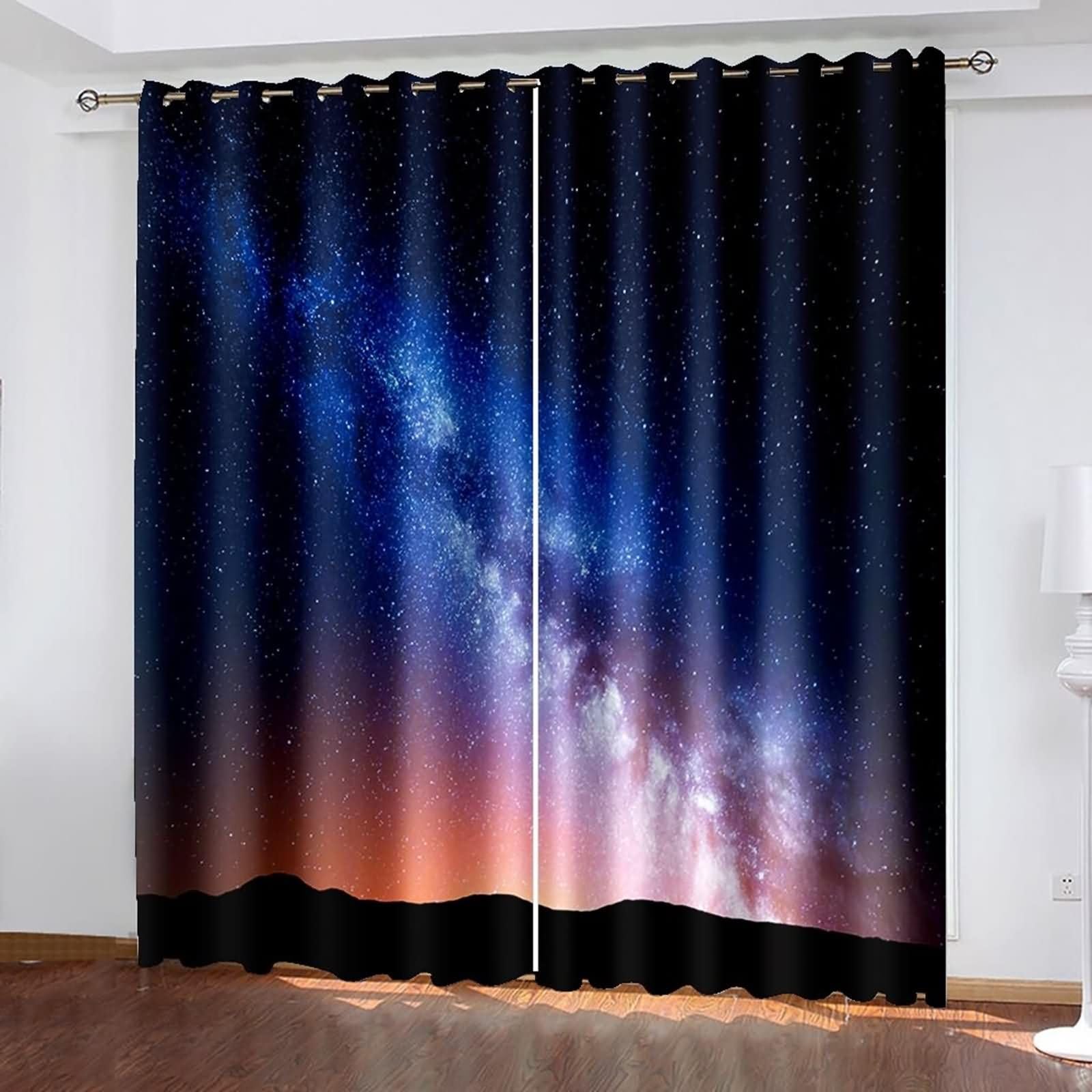 Küchen Vorhang Blickdicht 2 Stück,2 x 86W x 160H cm,Küchengardinen Modern mit Ösen Sternenklarer Himmel Schwarz Blau Gardinen für Balkon Modern
