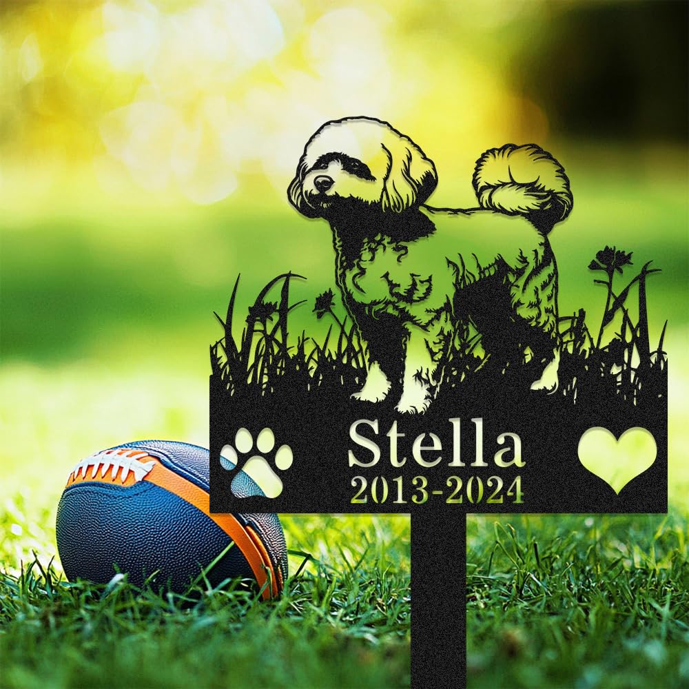 Custom Bichon Dog Memorial Grave Marker with Stake,Personalized Dogs Name Memorials Engraved Burial Sign,Customized Loss of Sympathy Gifts for Pet Owner,Flower Pets Headstone for Garden Lawn Outdoors