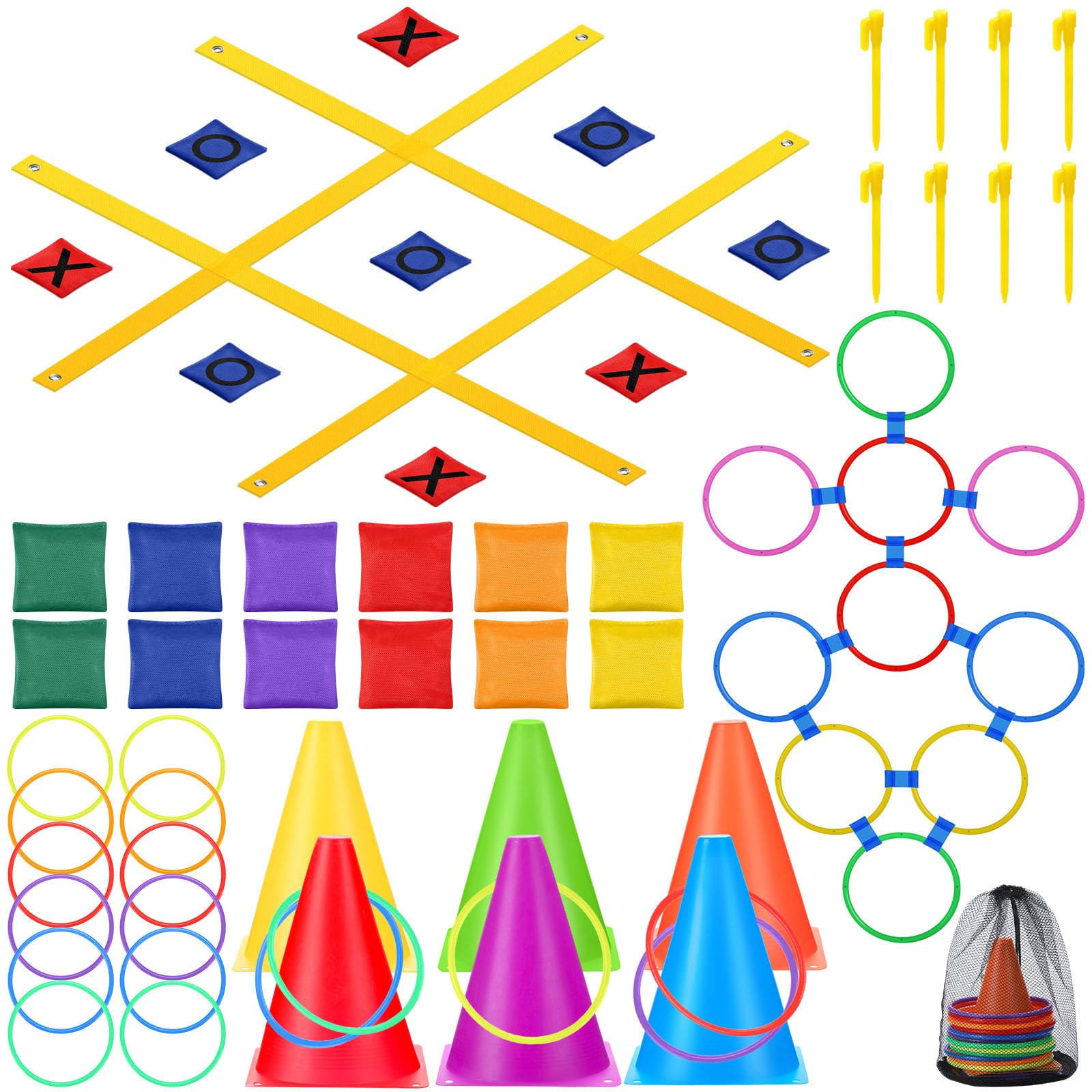 71 Pcs Carnival Games Set Soft Plastic Cones Bean Bags Ring Toss Game for Kids Outdoor 4 ft x 4 ft Giant Tic Tac Toe Strap Hopscotch Ring for Adult Birthday Party Outside Supplies Combo Set