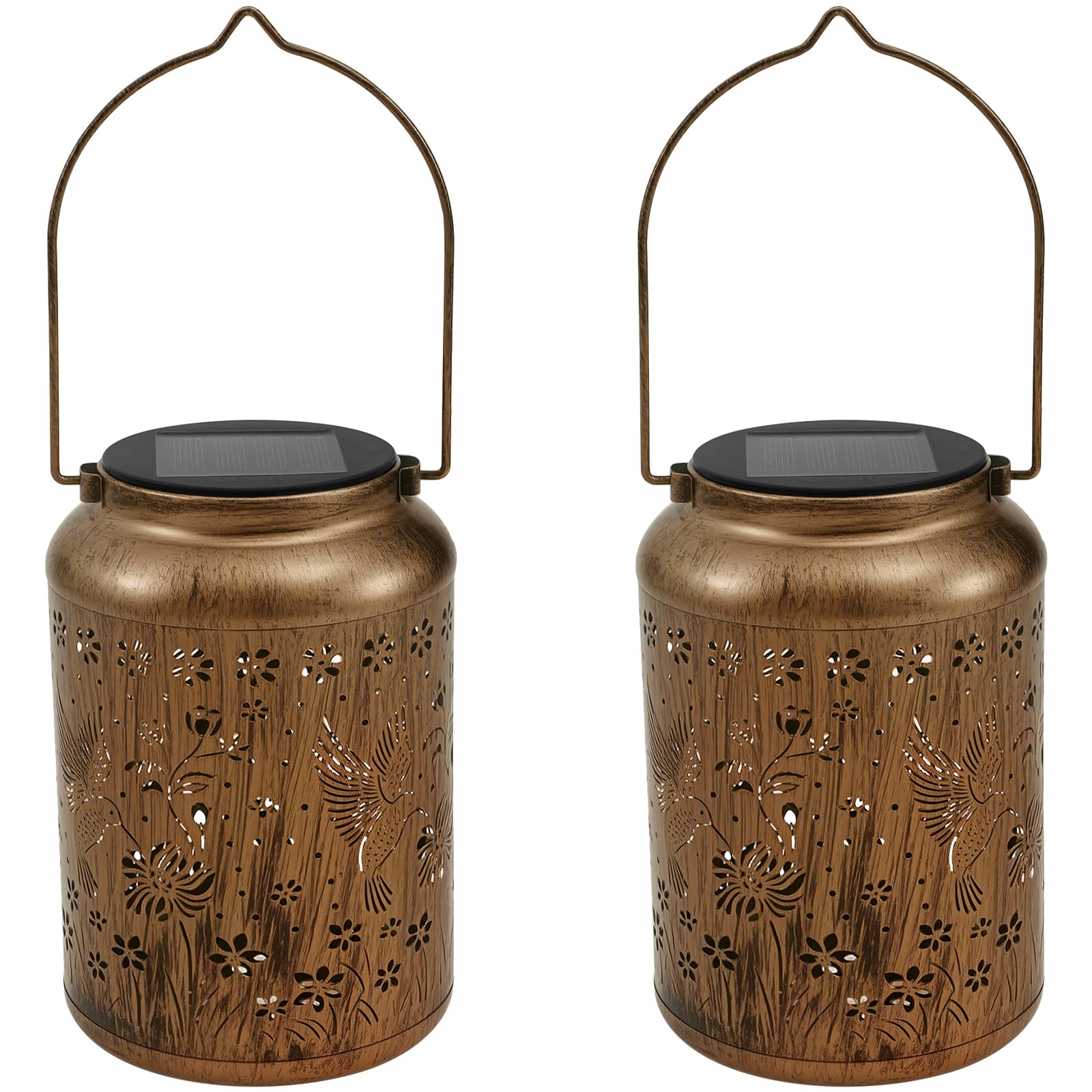 2 faroles solares decorativos de metal ahuecados impermeables LED para porche o árbol (marrón oscuro, 2)