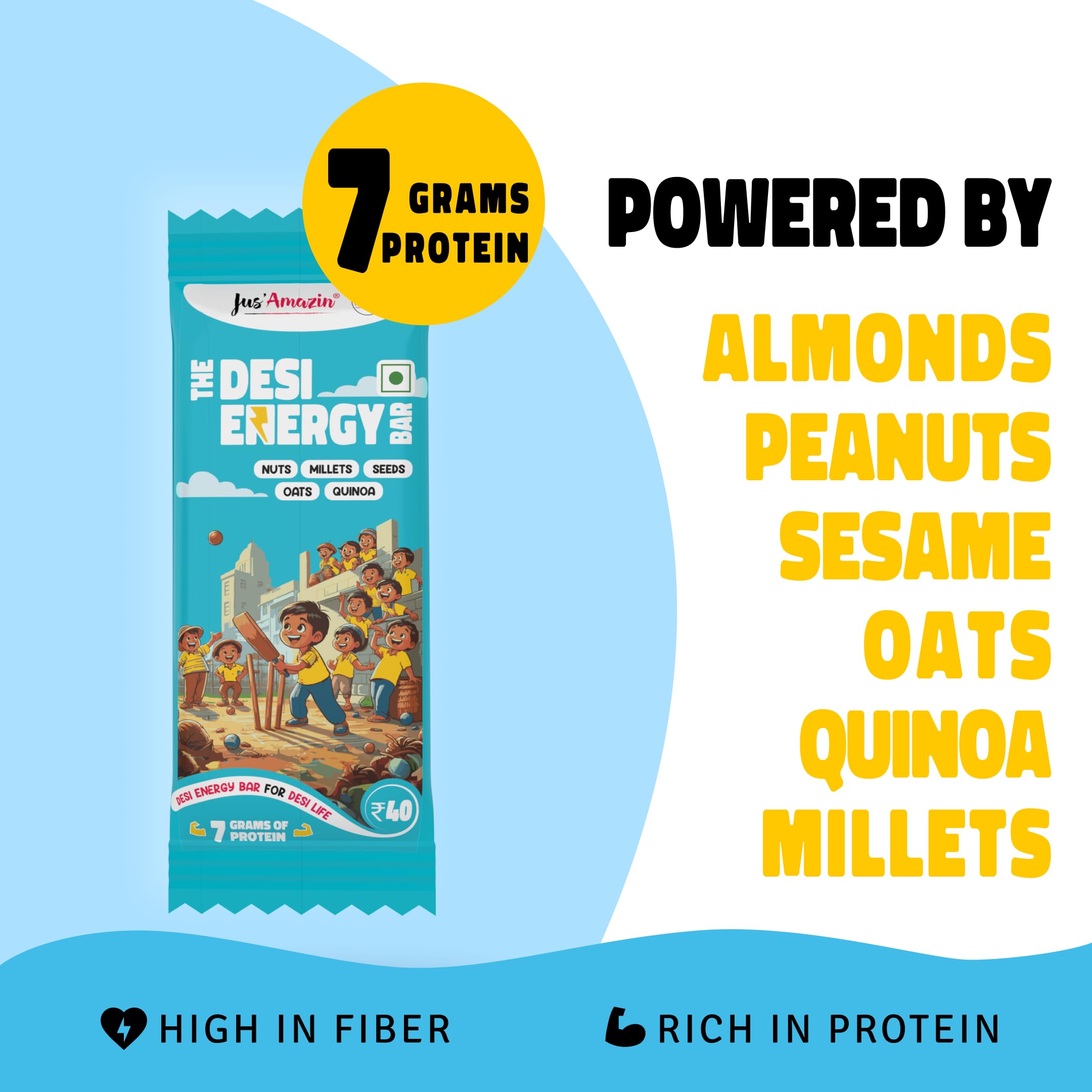 Jus' Amazin Desi Energy Bar - For Desi Life 40g | (Pack of 10) | 7g Protein | Goodness of Nuts, Millets, Seeds, Oats & Quinoa | 50% Less Sugar | No Refined Sugar | Natural Jaggery Sweetened | Natural - Image 4 thumbnail